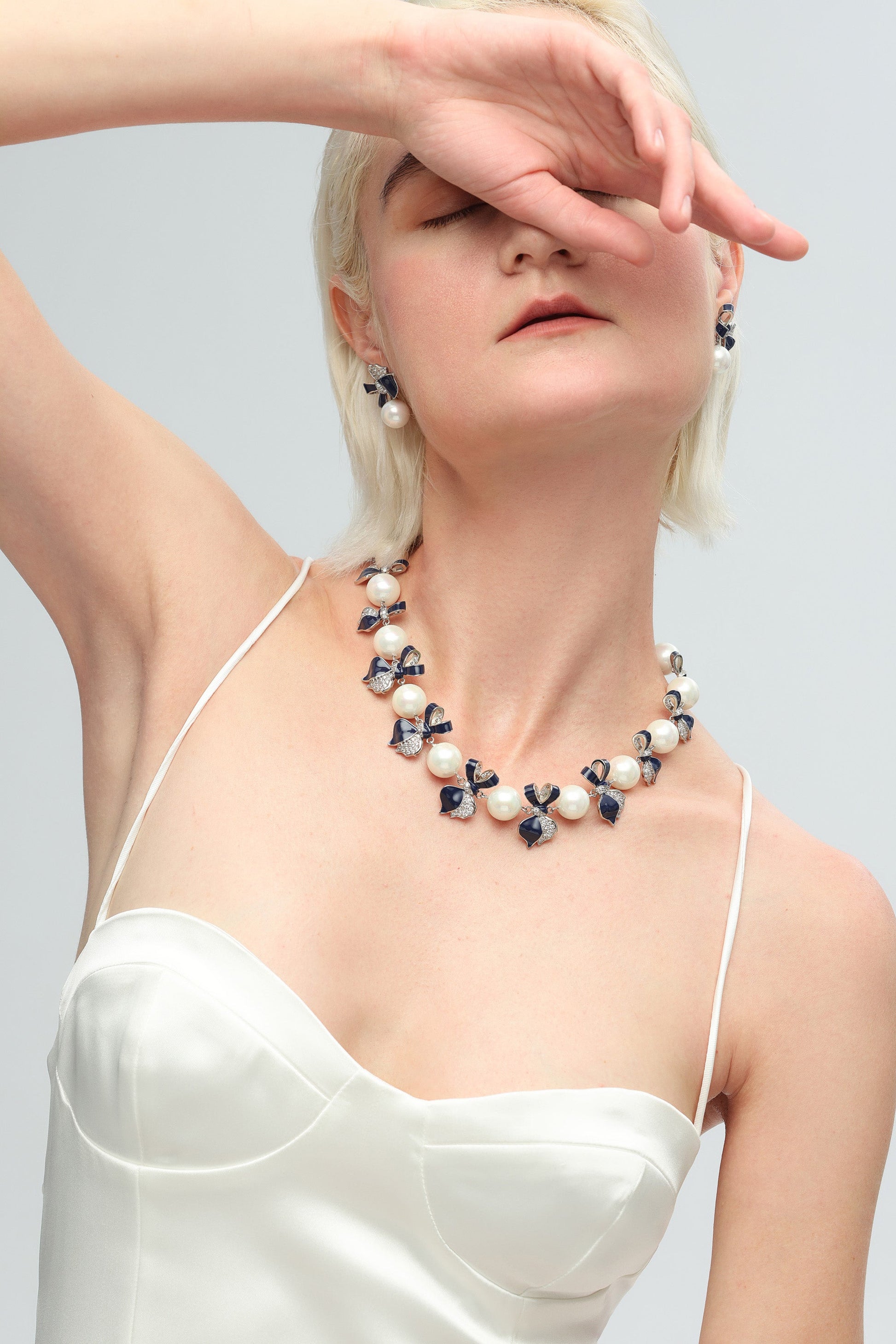 Blue Enamel Butterfly Pearl Choker Necklace