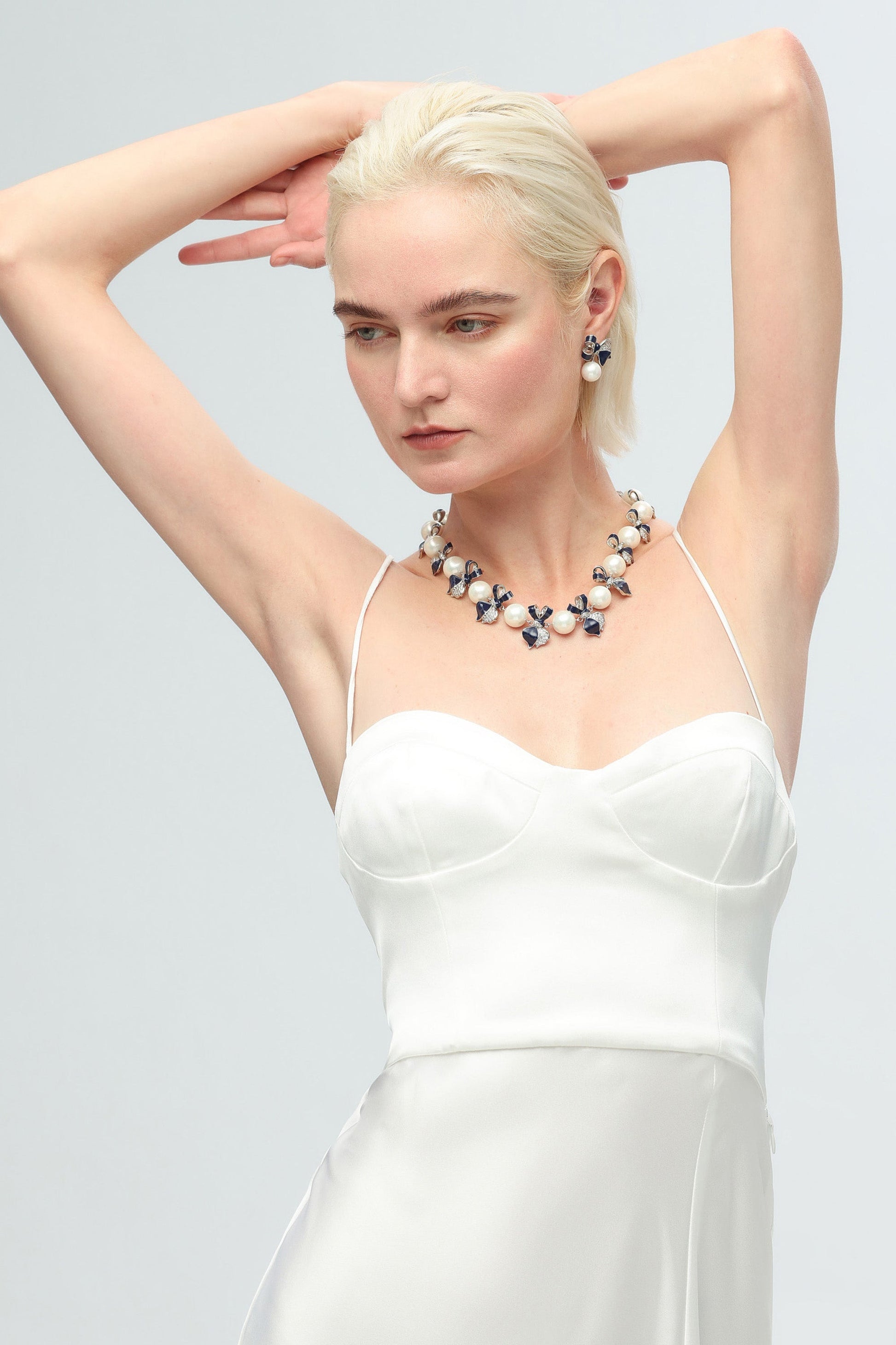 Blue Enamel Butterfly Pearl Choker Necklace