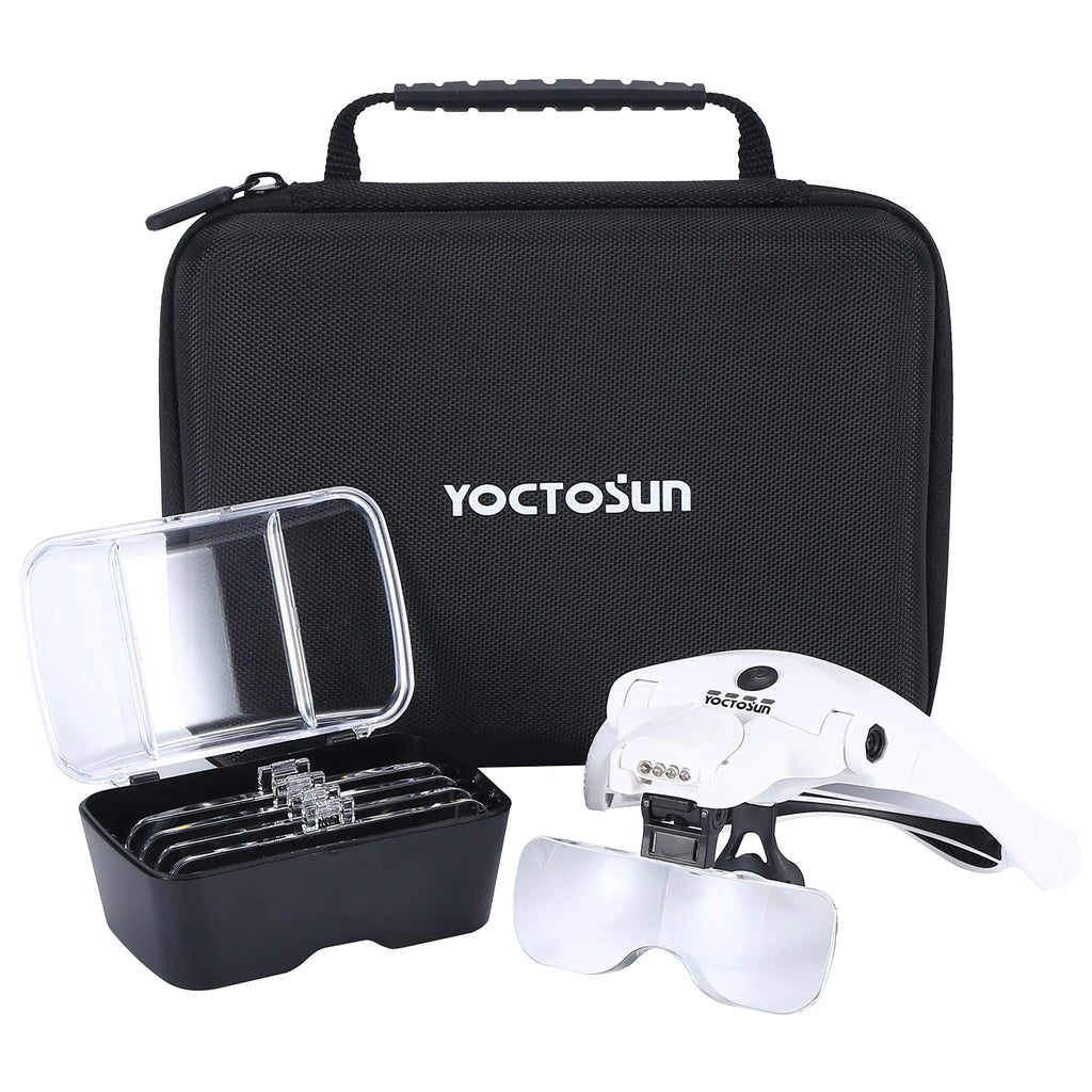 YOCTOSUN Magnifying Glasses with 4 LED Lights Head Mount Magnifier with Storage Case5 Lenses Headband Hands Free Lighted Head Magnifying Visor for Hobby Crafts & Close Work