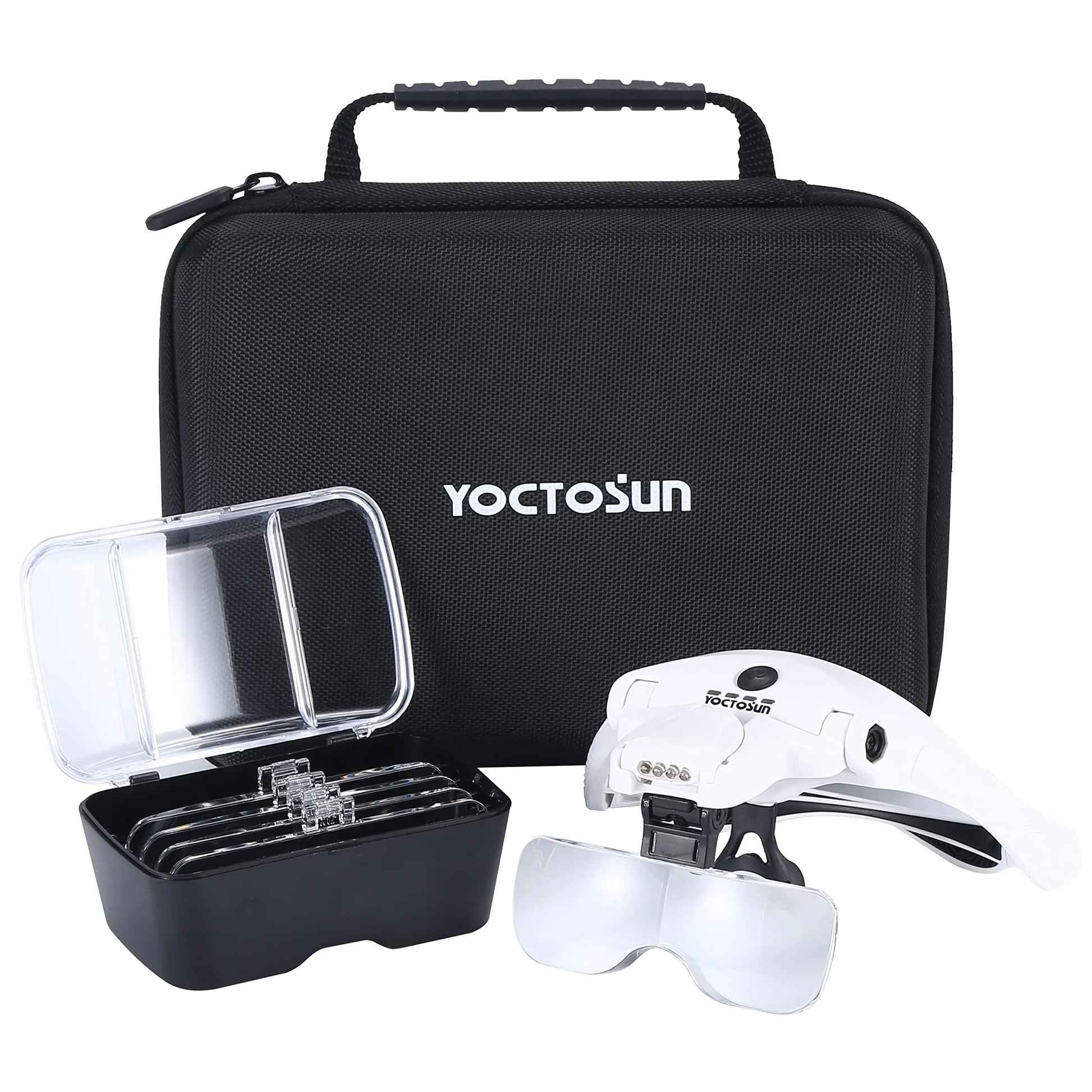 YOCTOSUN Magnifying Glasses with 4 LED Lights Head Mount Magnifier with Storage Case5 Lenses Headband Hands Free Lighted Head Magnifying Visor for Hobby Crafts & Close Work