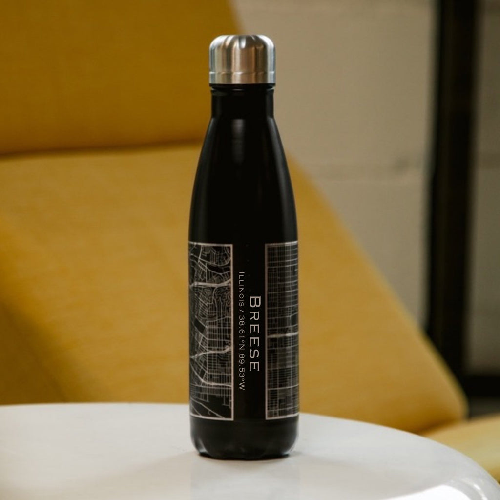 Breese - Illinois Engraved Map Insulated Bottle in Matte Black