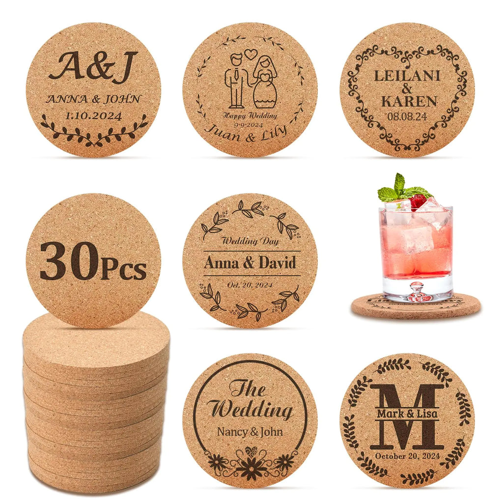 30Pcs Personalized Cork Coasters Bulk Wedding Favors for Guests Engraved Custom Coasters for Drinks Non-Slip Heat-Resistant Business Promotional Items (30)