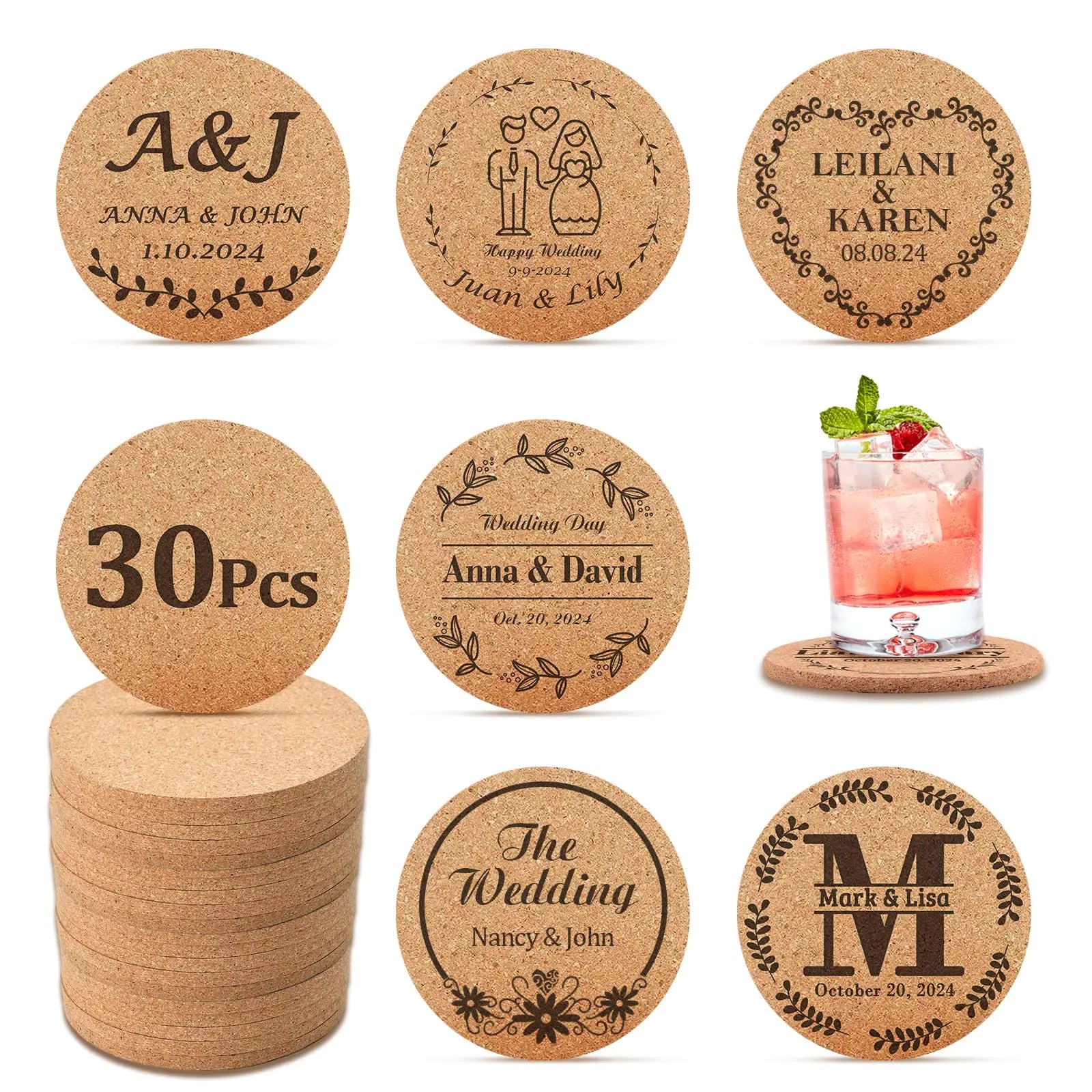 30Pcs Personalized Cork Coasters Bulk Wedding Favors for Guests Engraved Custom Coasters for Drinks Non-Slip Heat-Resistant Business Promotional Items (30)