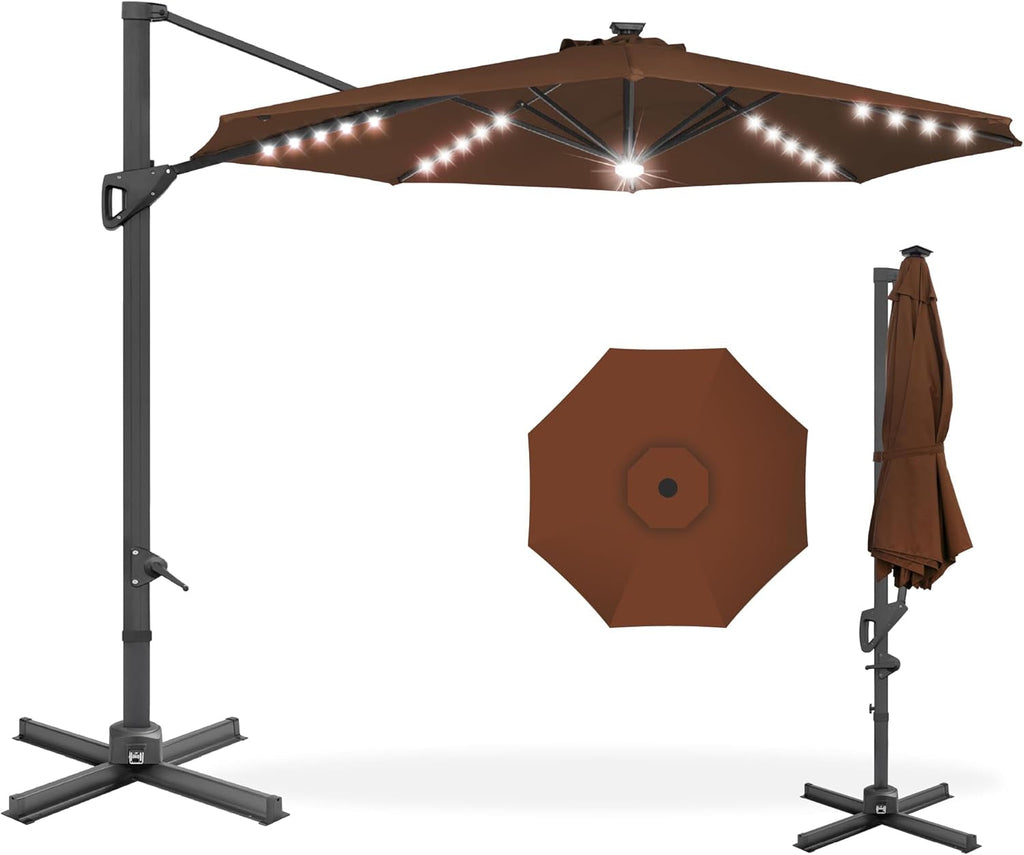 10Ft Solar LED Cantilever Patio Umbrella, 360-Degree Rotation Hanging