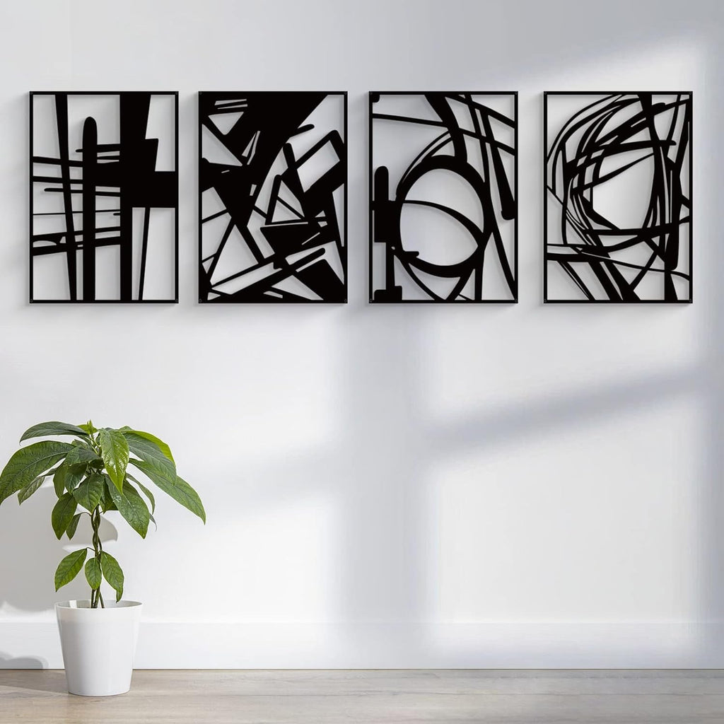 Black Abstract Metal Wall Art: Minimalist 4-Pack Decor