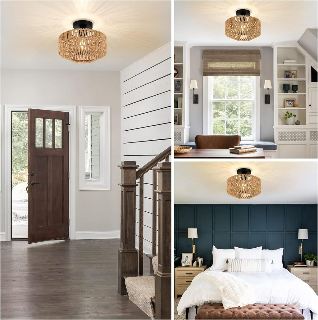 Mini Rattan Ceiling Light Fixture With Dimmable LED Bulb
