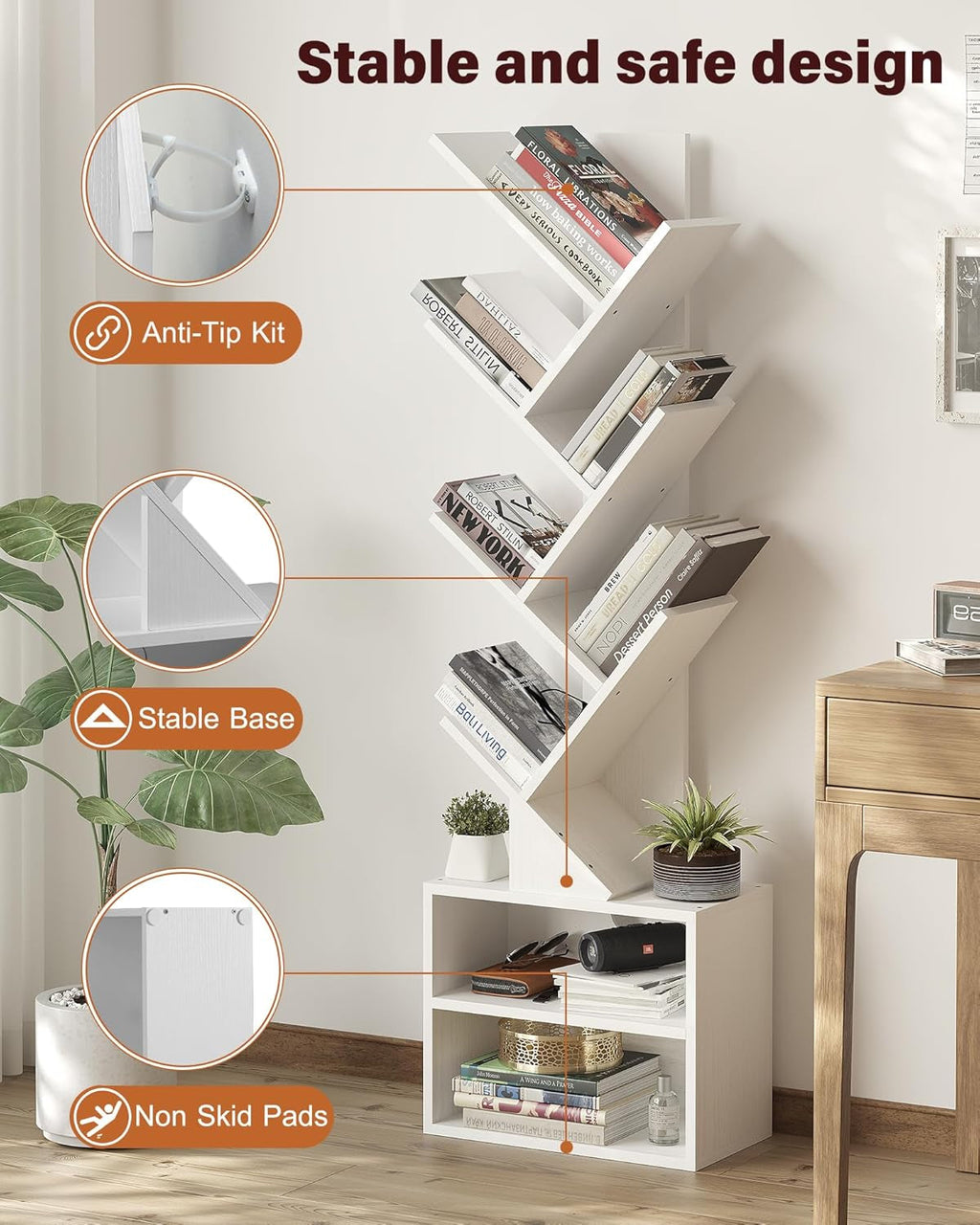 6 Tier Tree Bookshelf, Tall Bookcase with Storage Cabinet, Modern