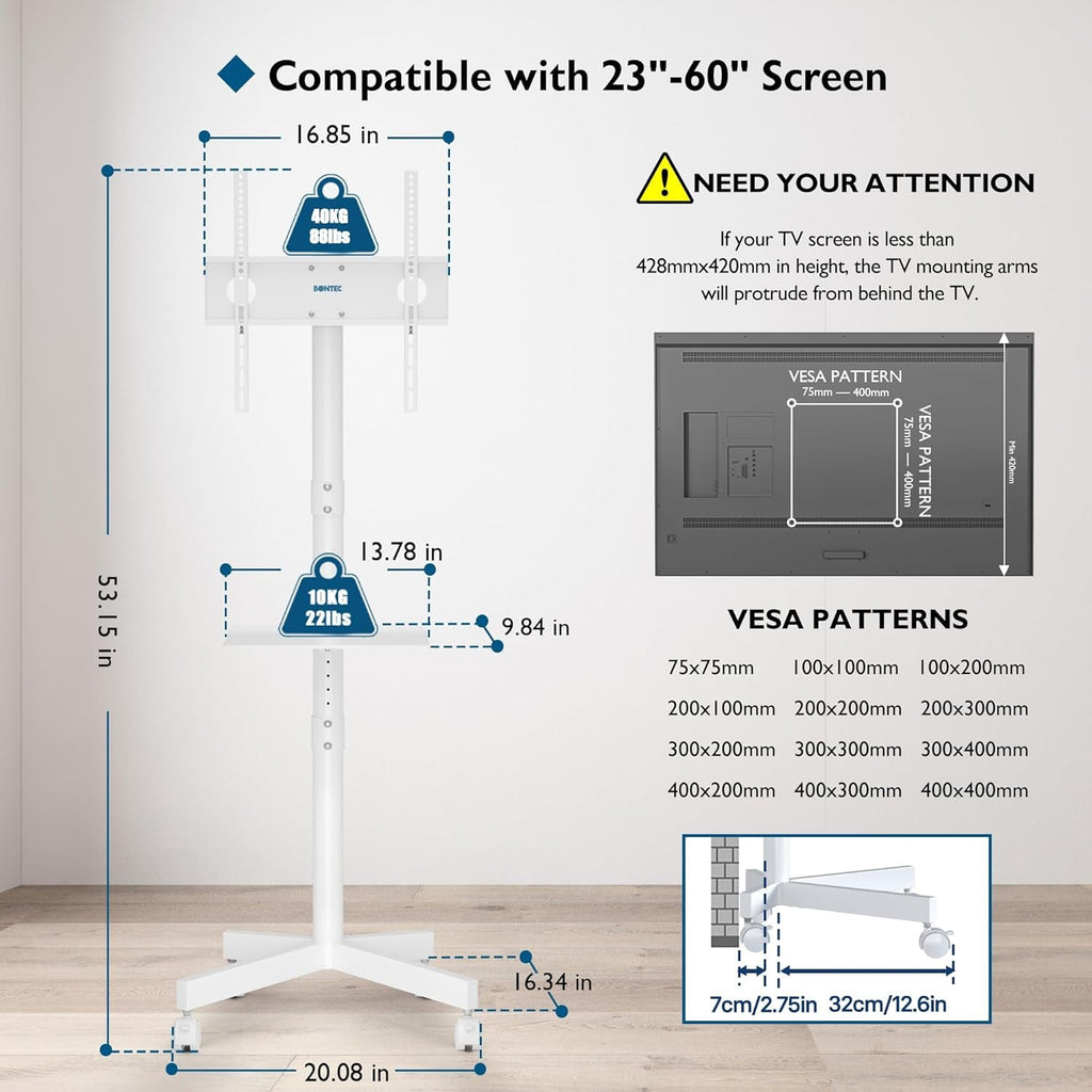 Mobile TV Stand, Rolling TV Stand for 23-60 Inch Screens, Adjustable