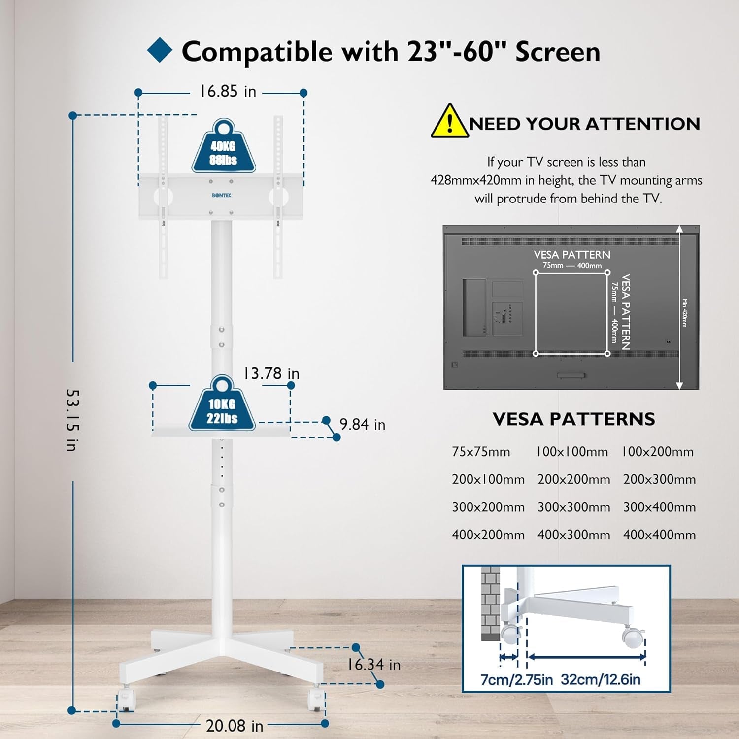 Mobile TV Stand, Rolling TV Stand for 23-60 Inch Screens, Adjustable