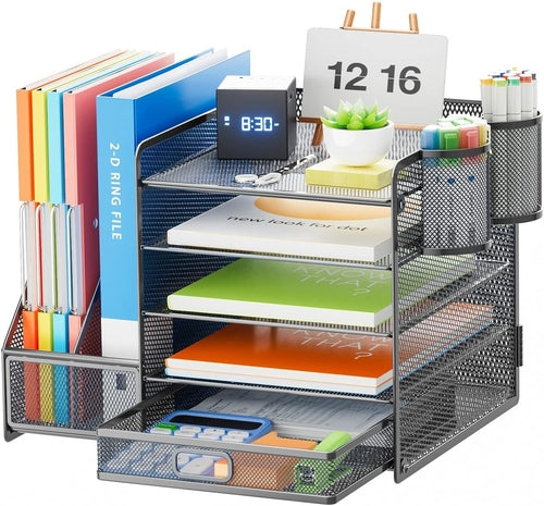 Grey 5-Tier Mesh Desk Organizer with Drawer