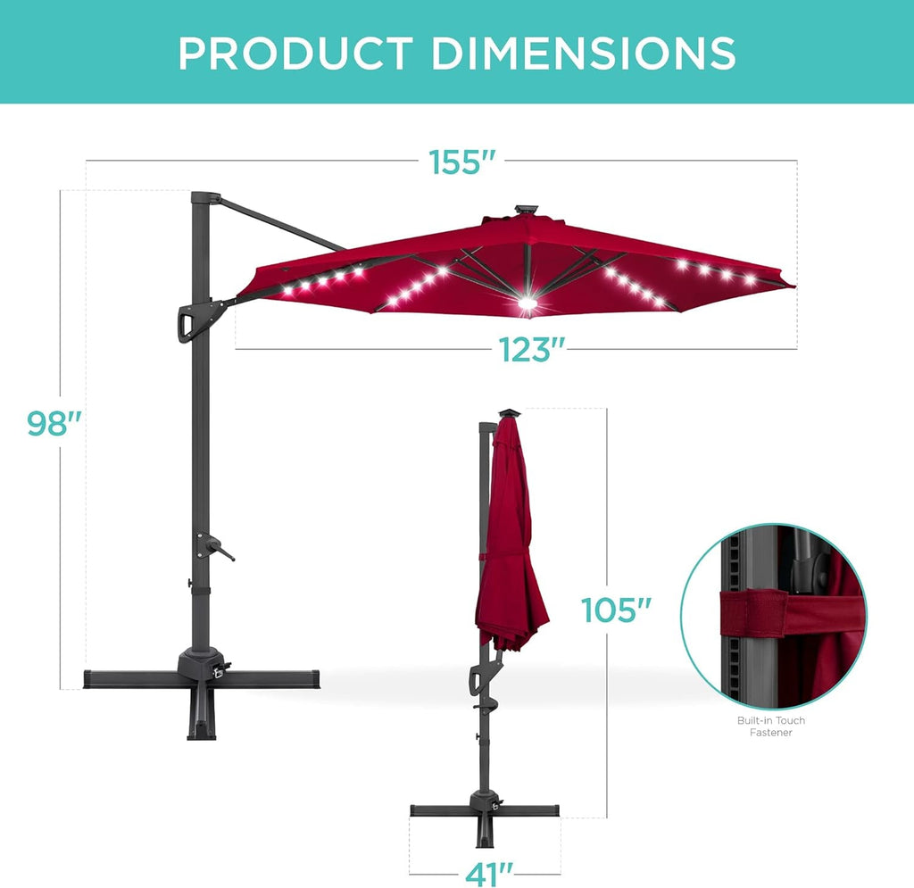 10Ft Solar LED Cantilever Patio Umbrella, 360-Degree Rotation Hanging
