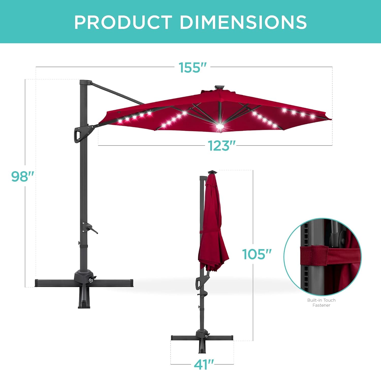 10Ft Solar LED Cantilever Patio Umbrella, 360-Degree Rotation Hanging