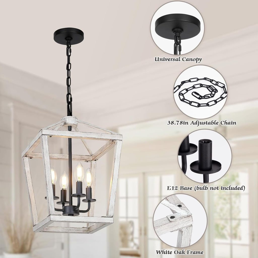 4 Light Rustic Chandelier, Farmhouse Lantern Fixture with Brushed