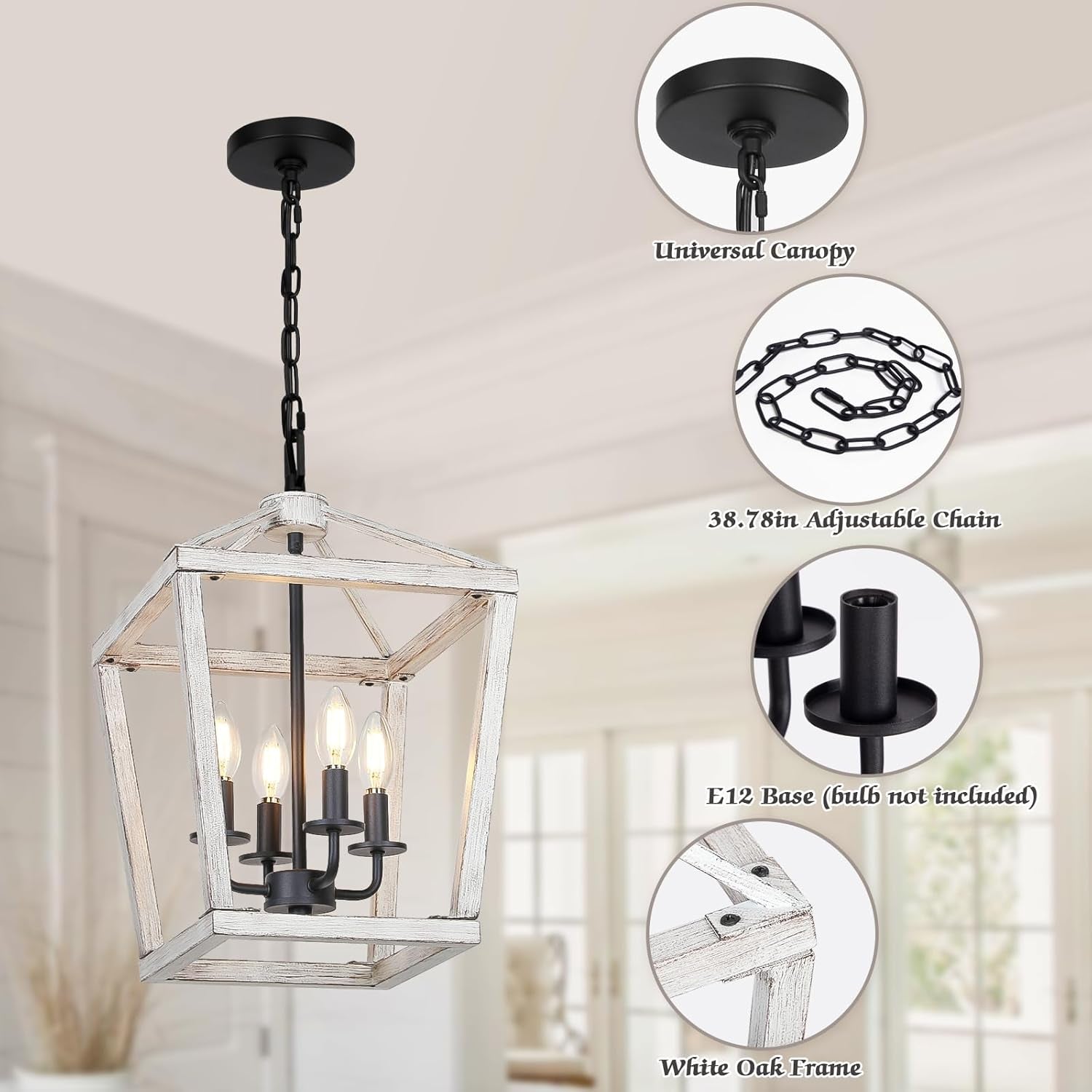 4 Light Rustic Chandelier, Farmhouse Lantern Fixture with Brushed