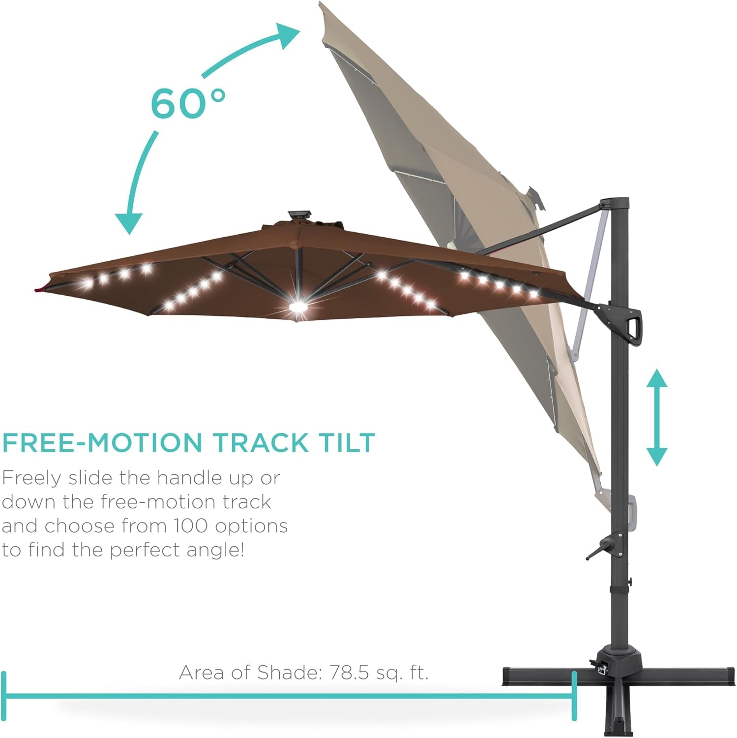 10Ft Solar LED Cantilever Patio Umbrella, 360-Degree Rotation Hanging
