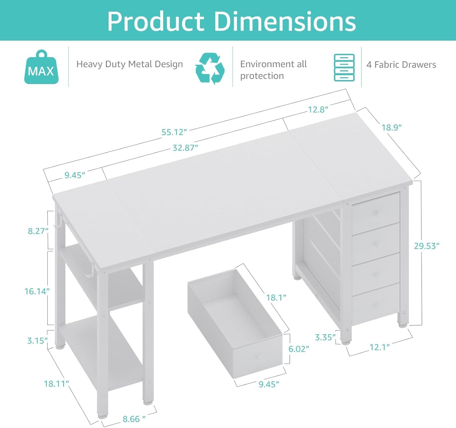 White Computer Desk with Fabric Drawers & Storage Shelves, 55 Inch