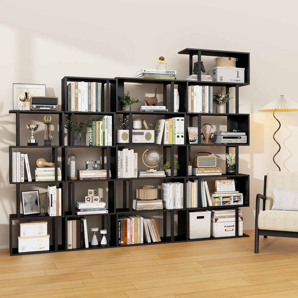 5-Tier Bookshelf, Tall S-Shaped Geometric Bookcase, Wood and Metal