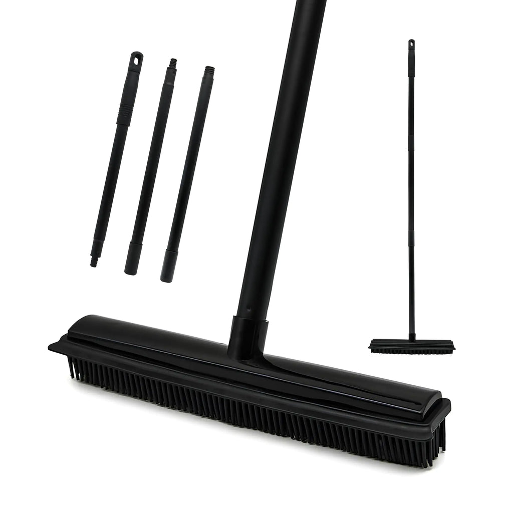 Rubber Broom Carpet Rake for Pet Hair Removal 3 in 1 Floor Brush for Carpet Soft Push Broom with 47" Long Handle Pet Hair Broom with Squeegee for Carpet Fluff Hardwood Floor Tile (Black)