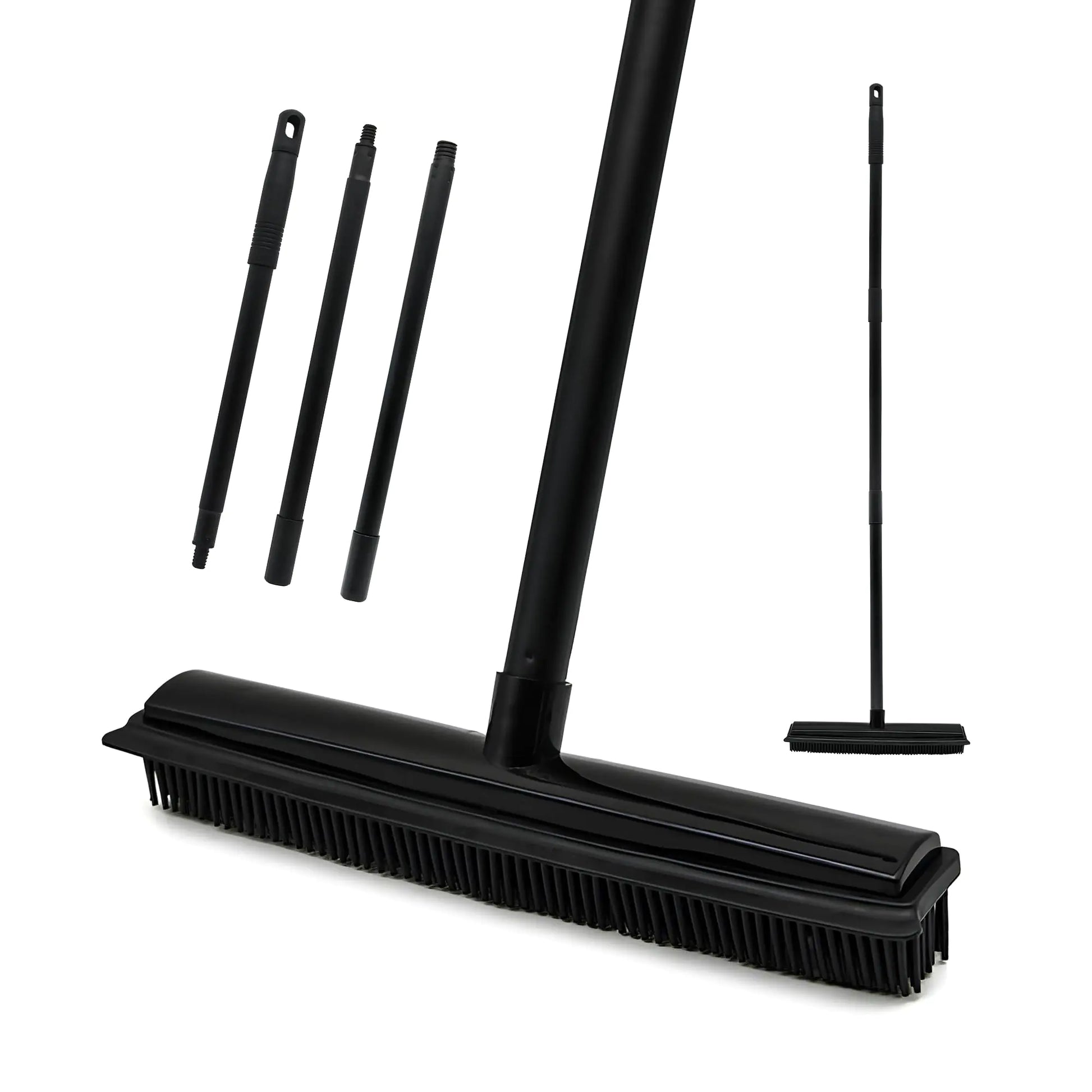 Rubber Broom Carpet Rake for Pet Hair Removal 3 in 1 Floor Brush for Carpet Soft Push Broom with 47" Long Handle Pet Hair Broom with Squeegee for Carpet Fluff Hardwood Floor Tile (Black)