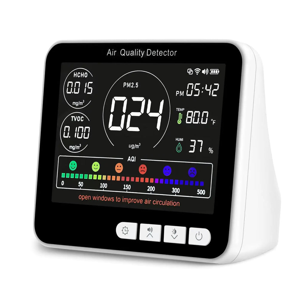 14 in 1 Air Quality Monitor Indoor with Beep Alarm 6 AQI Air Quality Detector with PM1.0|PM2.5|PM10|HCHO|TVOC|AQI|Temperature|Humidity|Time for Home Hotel Office Car Battery Powered Air Monitor
