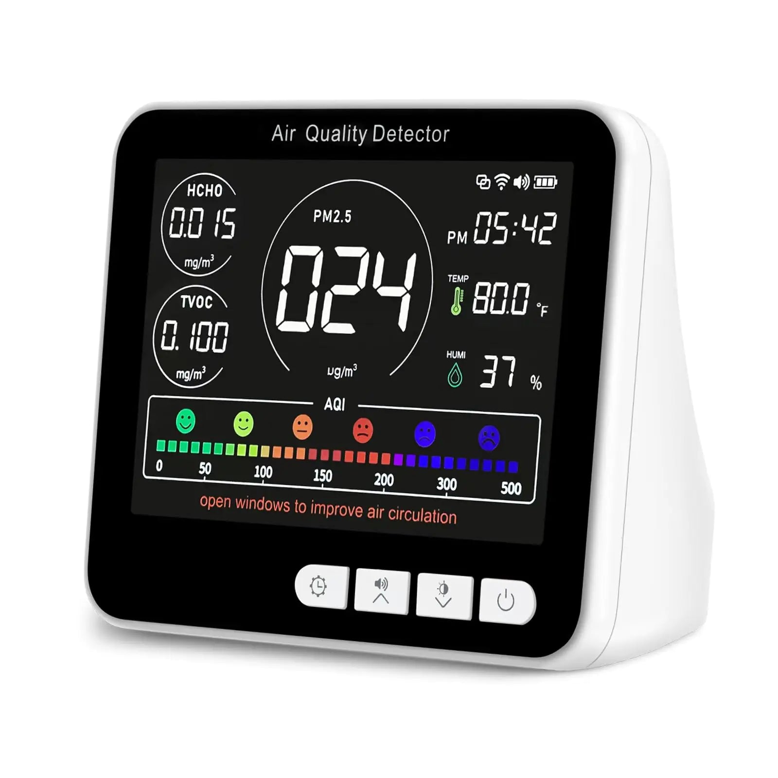 14 in 1 Air Quality Monitor Indoor with Beep Alarm 6 AQI Air Quality Detector with PM1.0|PM2.5|PM10|HCHO|TVOC|AQI|Temperature|Humidity|Time for Home Hotel Office Car Battery Powered Air Monitor
