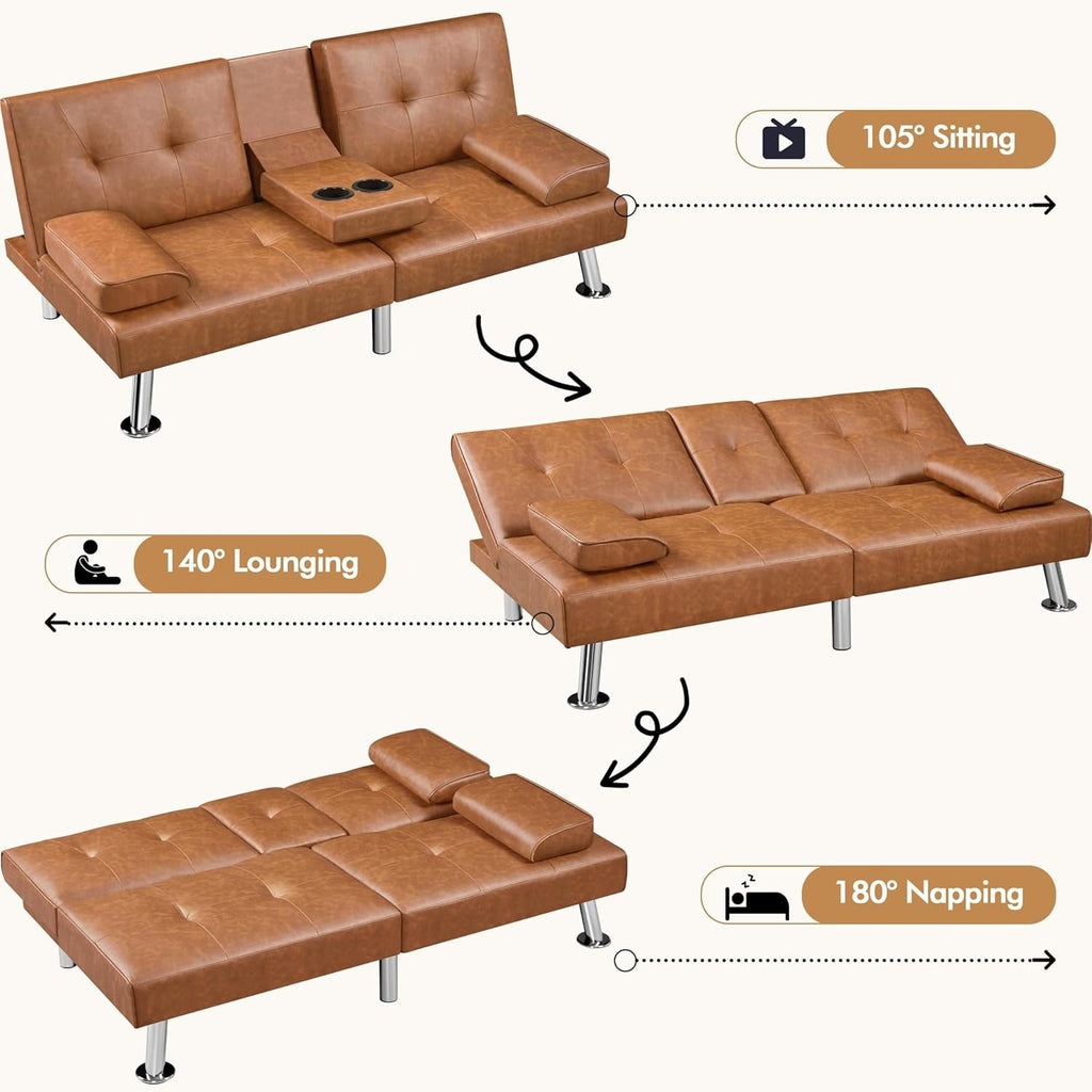 Faux Leather Convertible Sofa Bed Cup Holders And 3 Angles