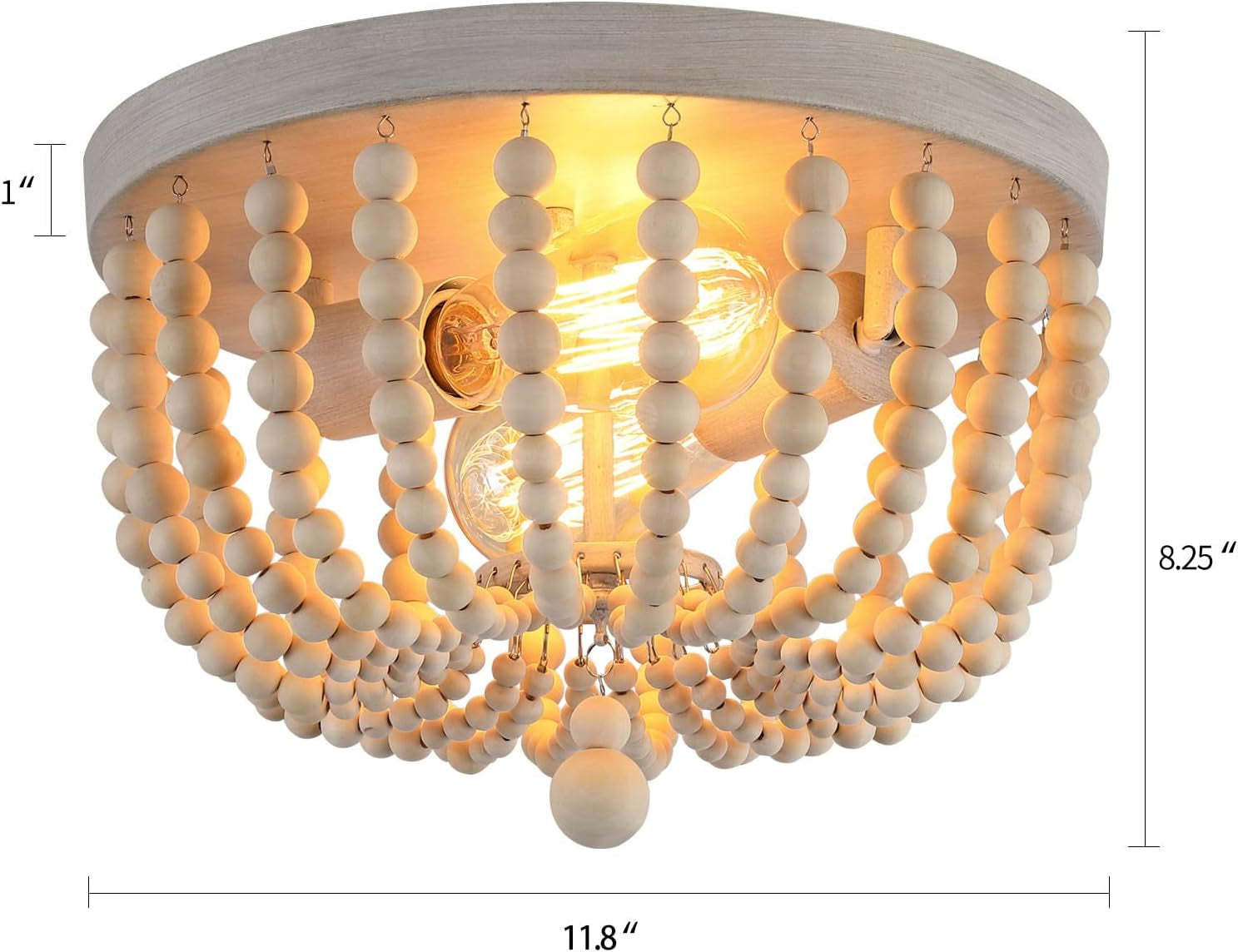 Boho Wood Beaded Flush Mount Chandelier Oak Finish 2 Lights