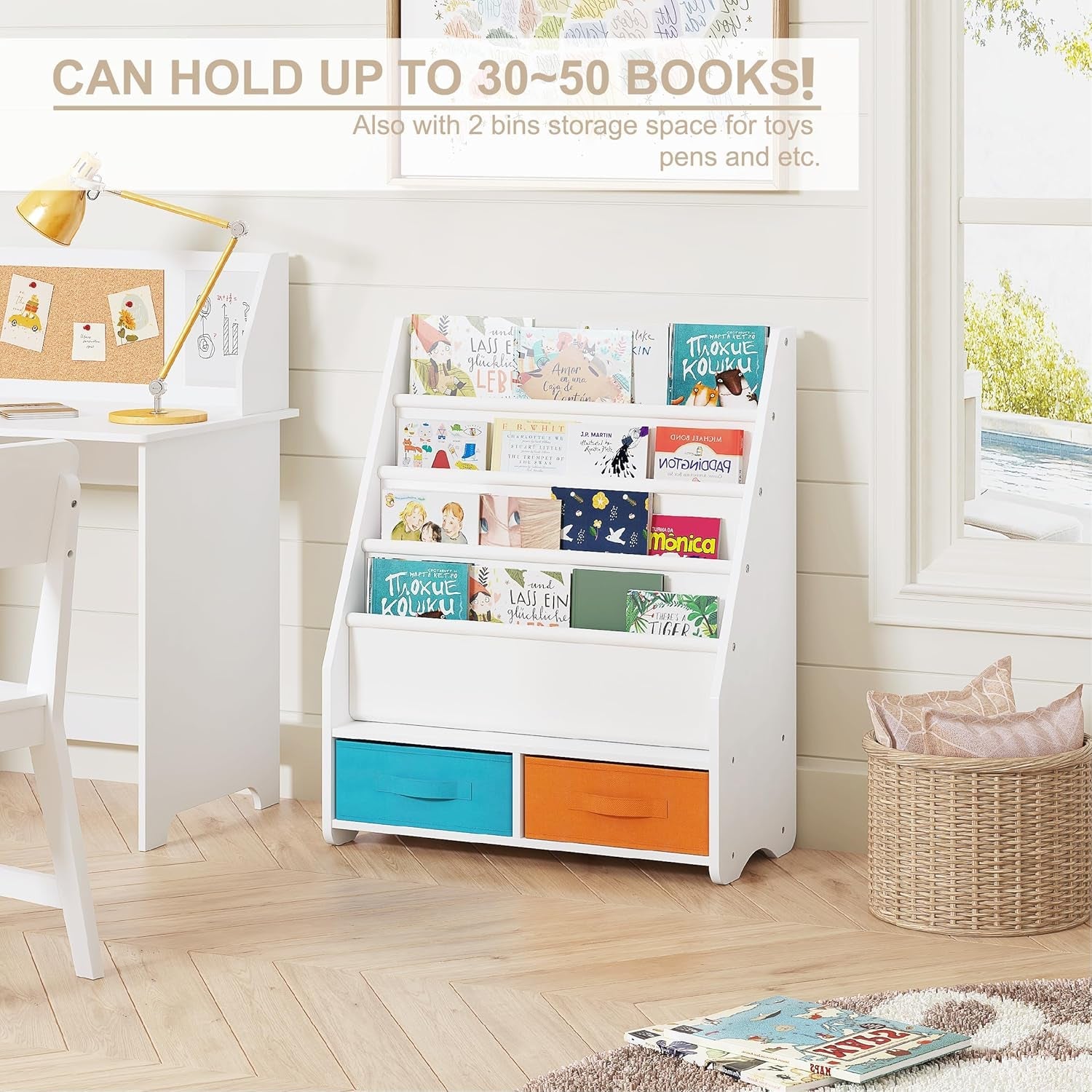 Kids Bookshelf with Storage Bins, Book Shelf for Kids Rooms, 4-Tier