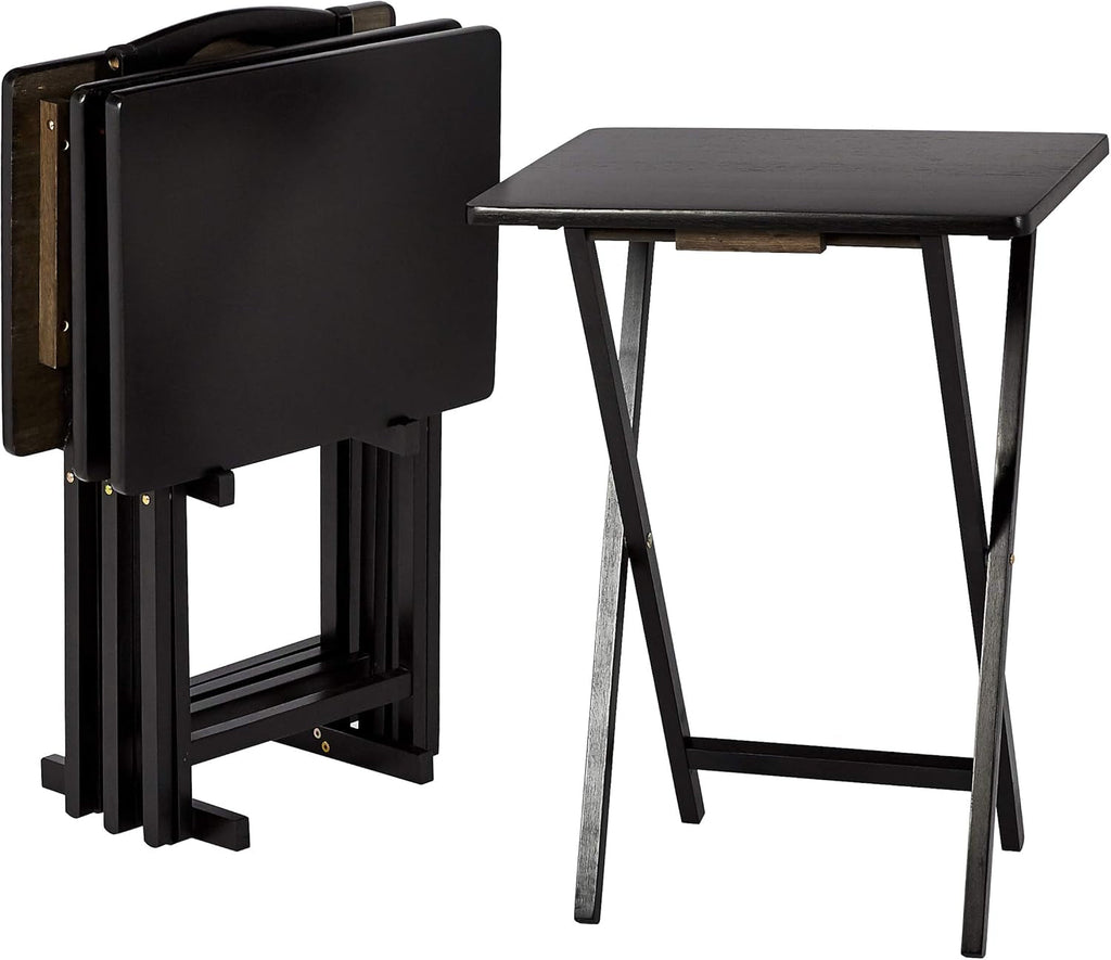 Foldable TV Dinner Tray Table with Storage Rack, Set of 4, Black, 15"