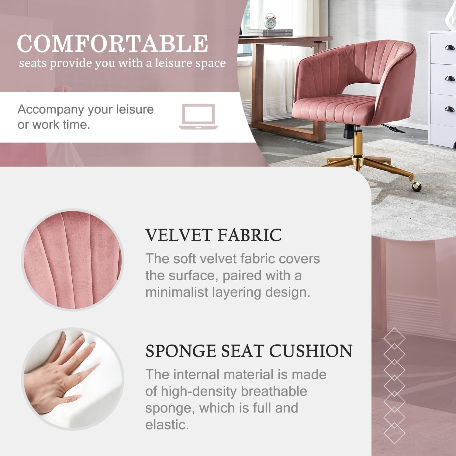 Home Office Chair Swivel Velvet Desk Chair, Vanity Chair with 360
