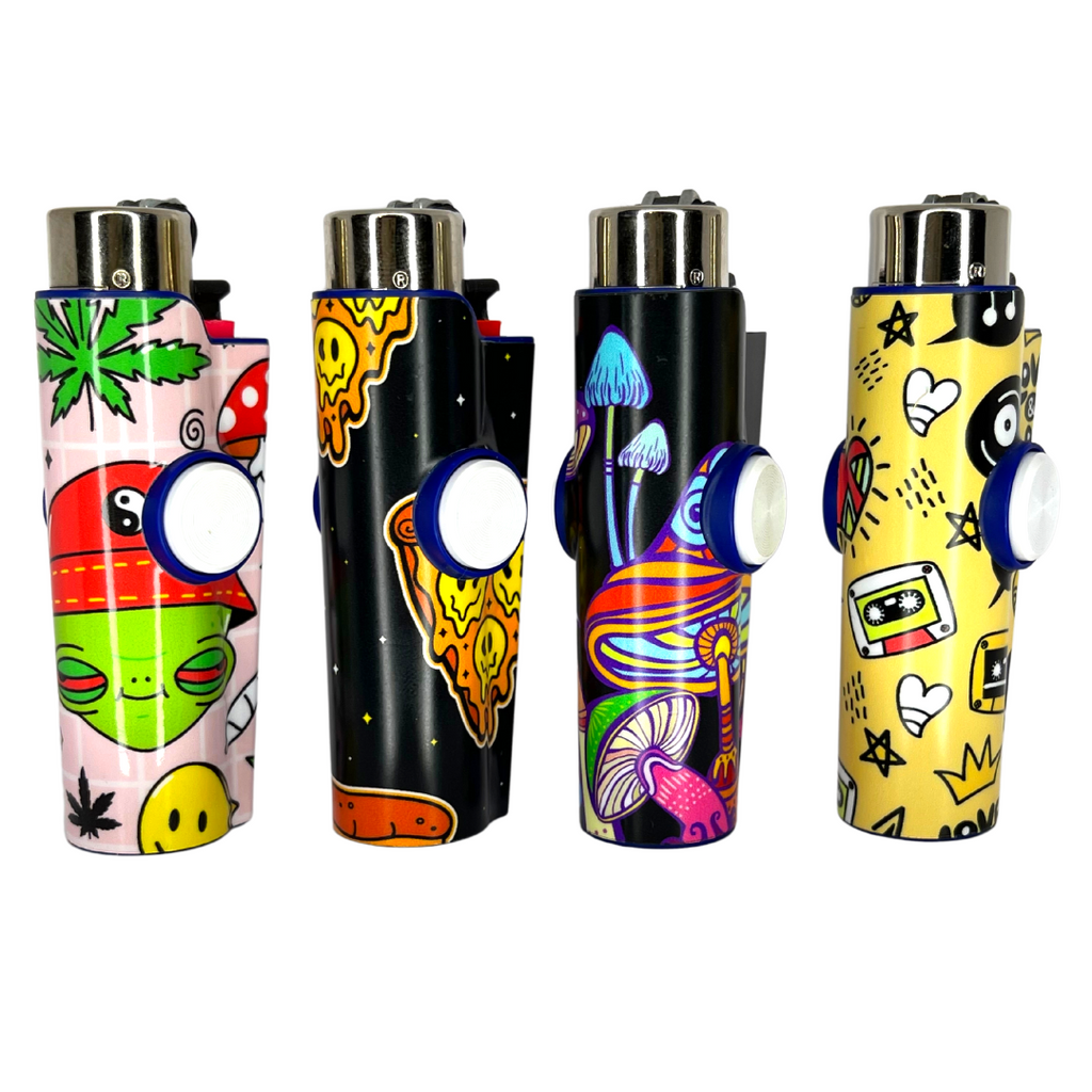 FLKR LYTR® Fidget Spinner Lighter Case for Clipper Lighter® Case fidget spinner lighter case 4PACK - High Alien, Pizza Melt, Mushrooms, Love & Peace
