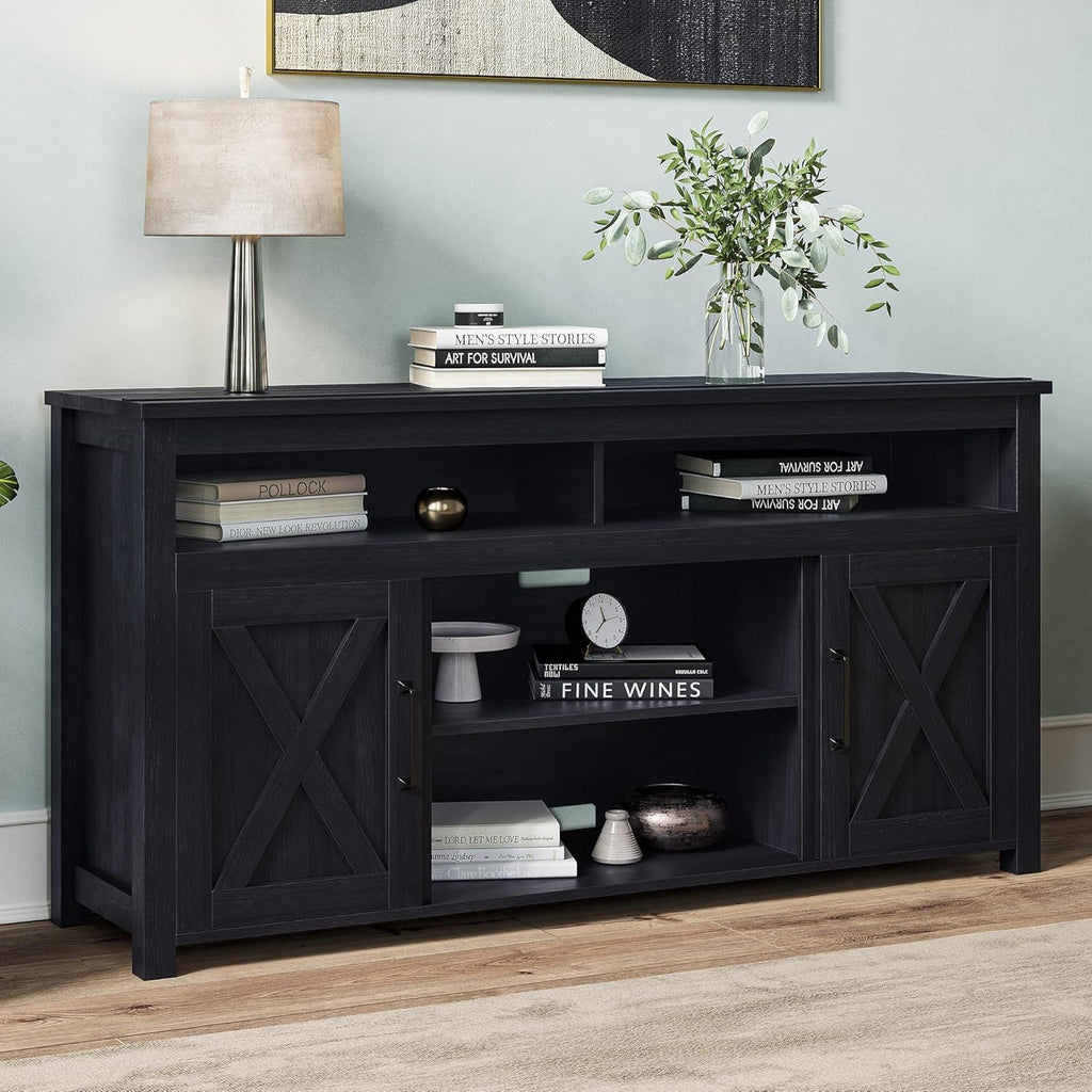 58 Inch Rustic TV Stand With Barn Door Cabinets For TVs Up To 65