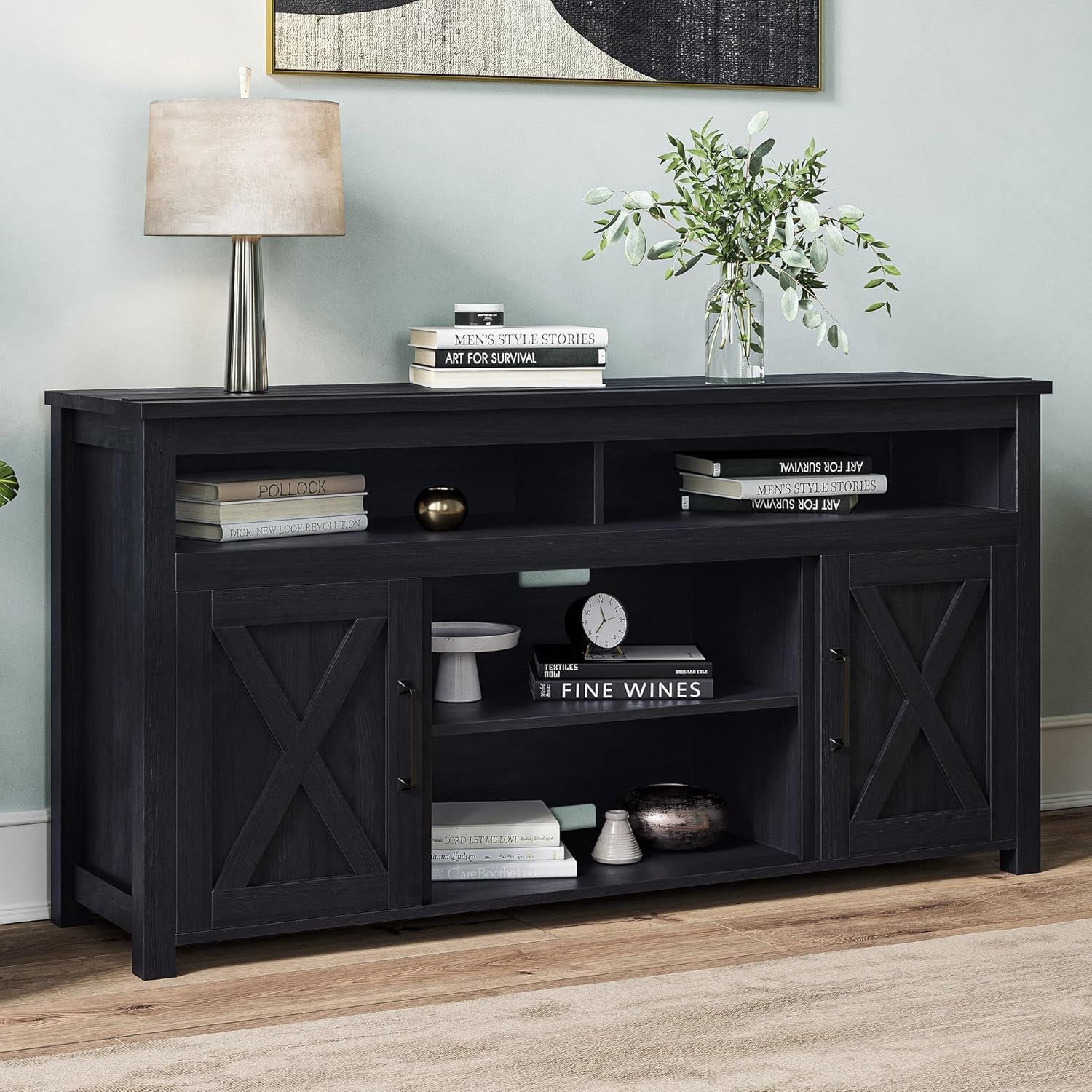 58 Inch Rustic TV Stand With Barn Door Cabinets For TVs Up To 65