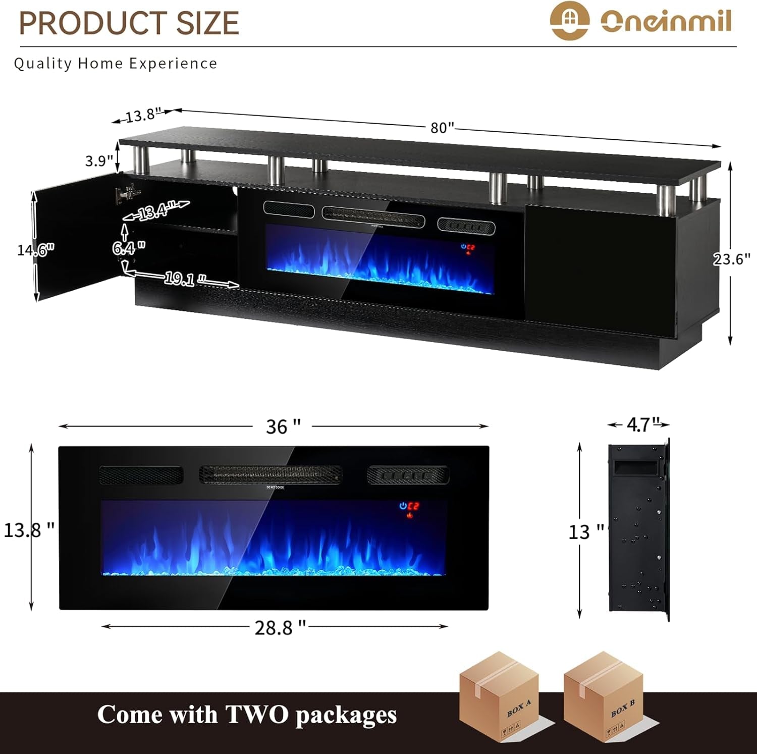 80 Inch Electric Fireplace TV Stand For TVs Up To 90 Inches Black