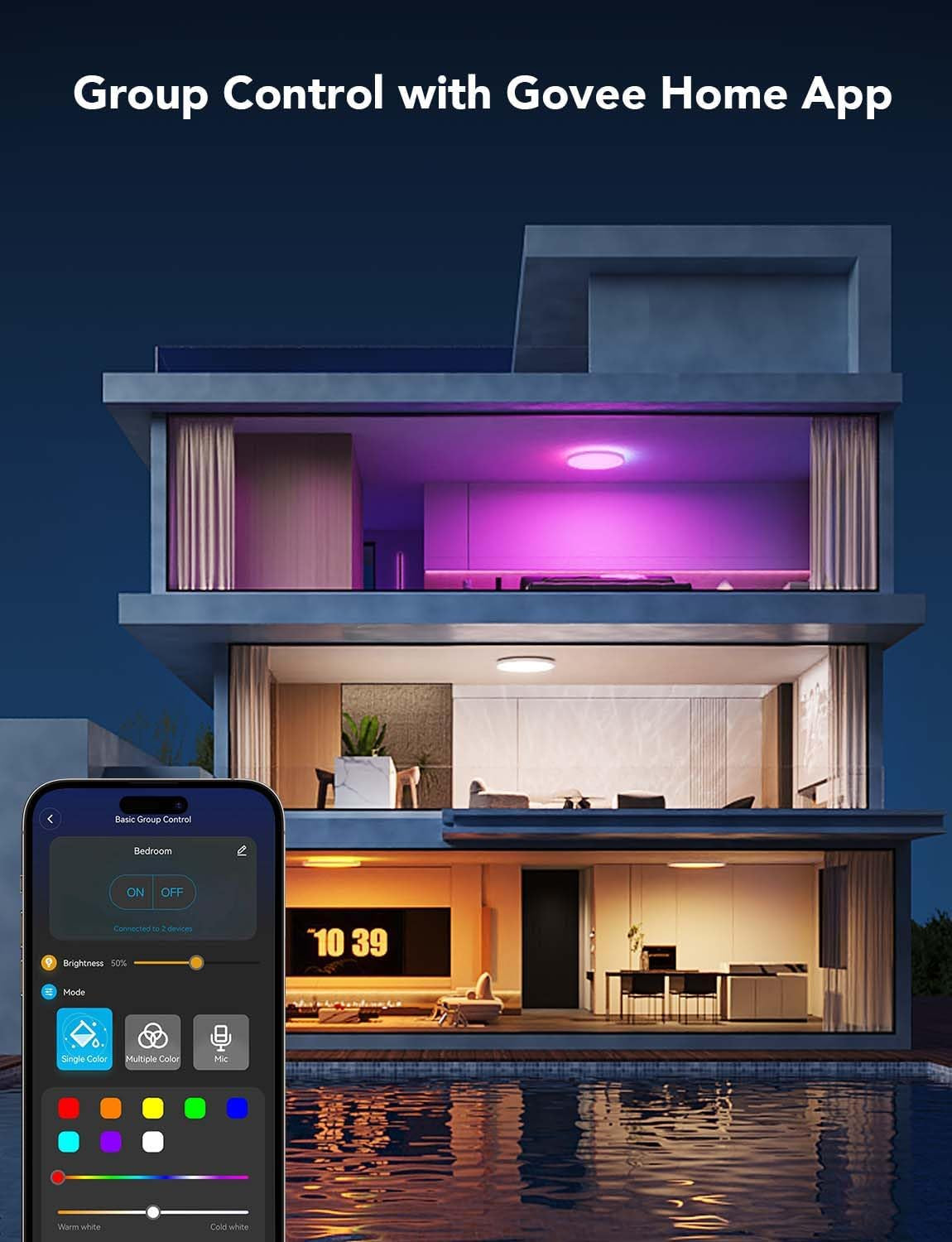 Smart Ceiling Light, RGBIC LED Ceiling Light Fixture, 2400LM Flush
