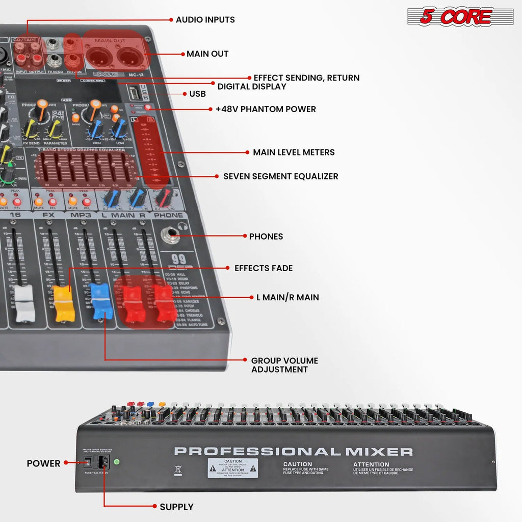 Audio Mixer 12 Channel DJ Equipment with Bluetooth USB Console Sound