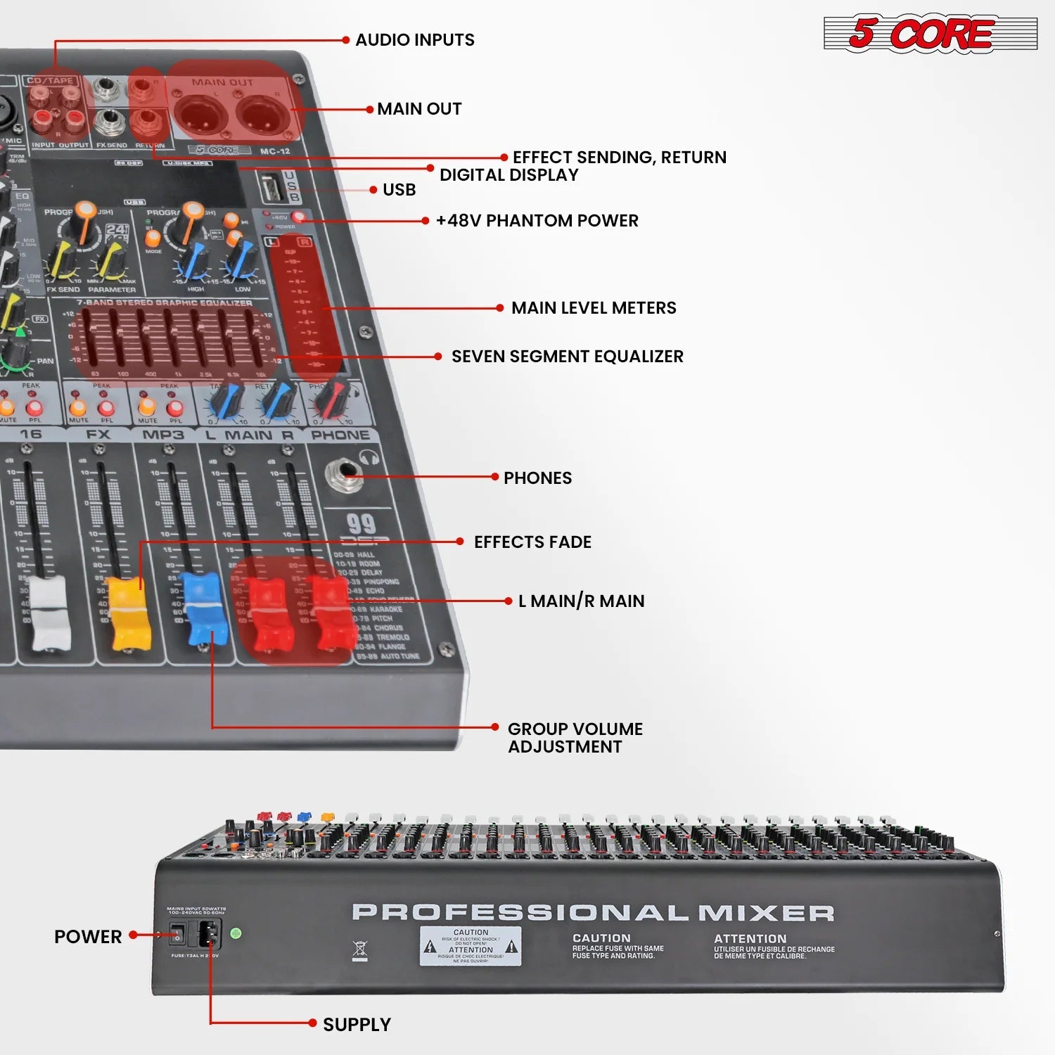 Audio Mixer 12 Channel DJ Equipment with Bluetooth USB Console Sound