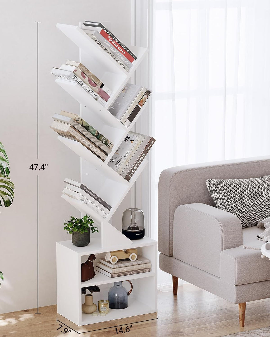 6 Tier Tree Bookshelf, Tall Bookcase with Storage Cabinet, Modern