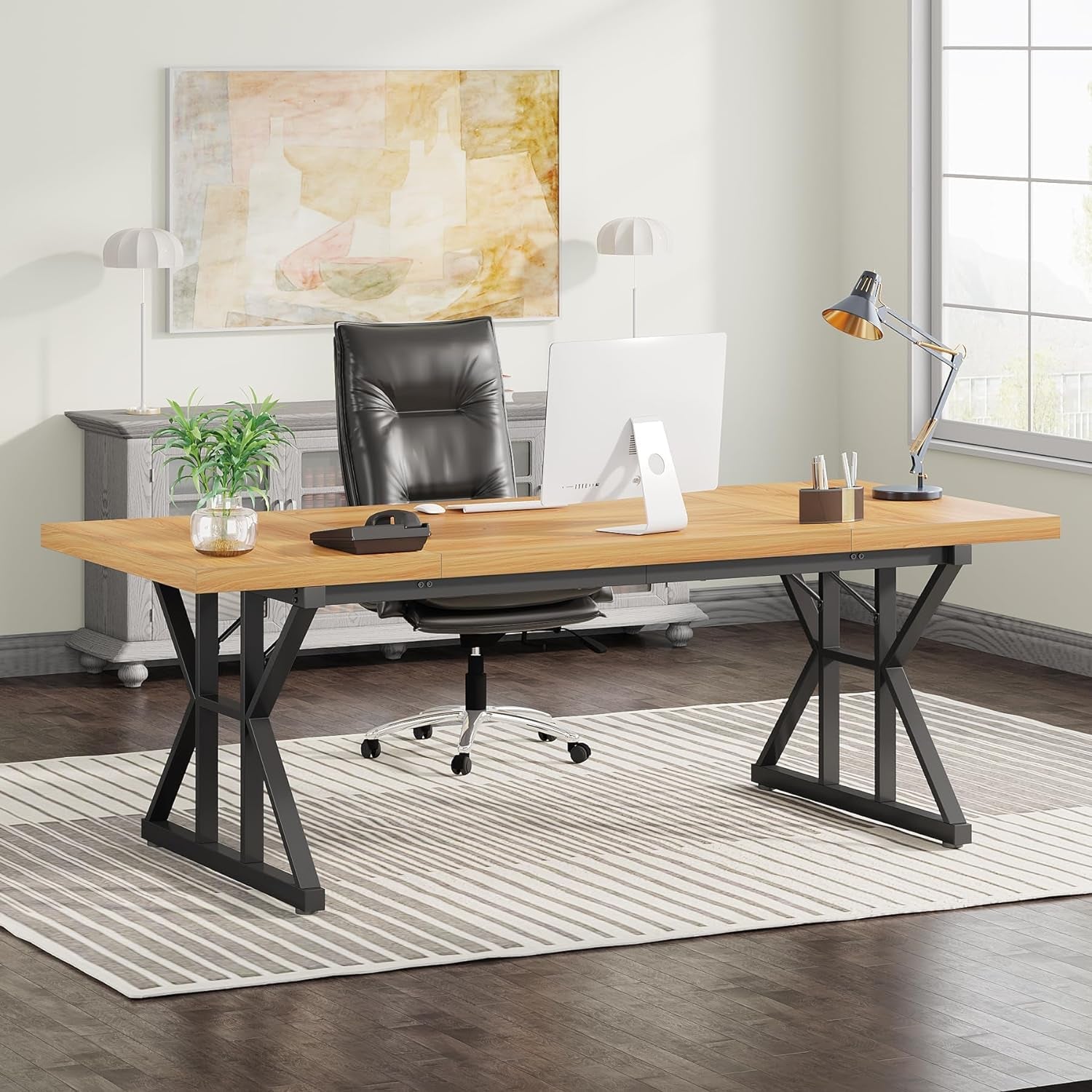 70.8 Inch Executive Desk Light Walnut Black Large Computer Office Desk