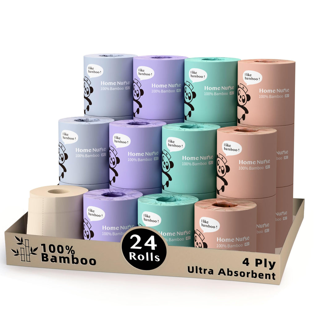 Home Nurse 100% Unbleached Bamboo Toilet Paper 4-ply 24 Rolls Organic Natural Plant Toilet Paper Non Toxic Plastic Free No Chemical Tree free FSC Certified Unscented