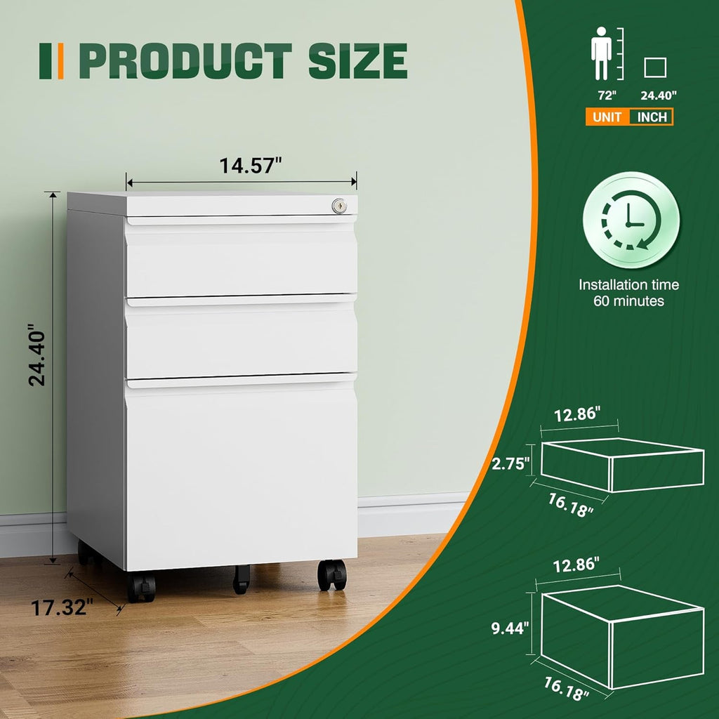 3 Drawer Mobile File Cabinet with Lock, under Desk Metal Filing
