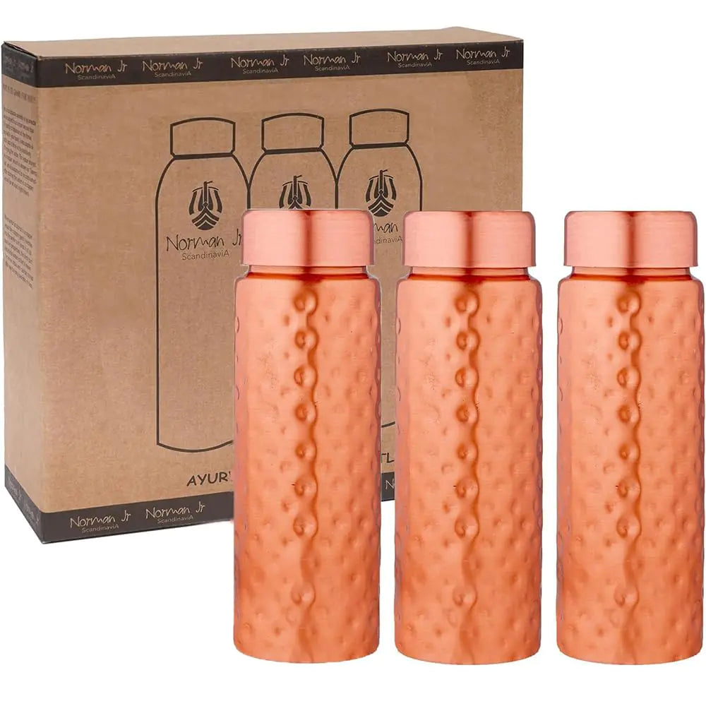 NORMAN JR Copper Water Bottle 400ml - Gift Box of 3 Slim Hammered an Ayurvedic vessel made from pure copper - helps you drink more water with many health benefits