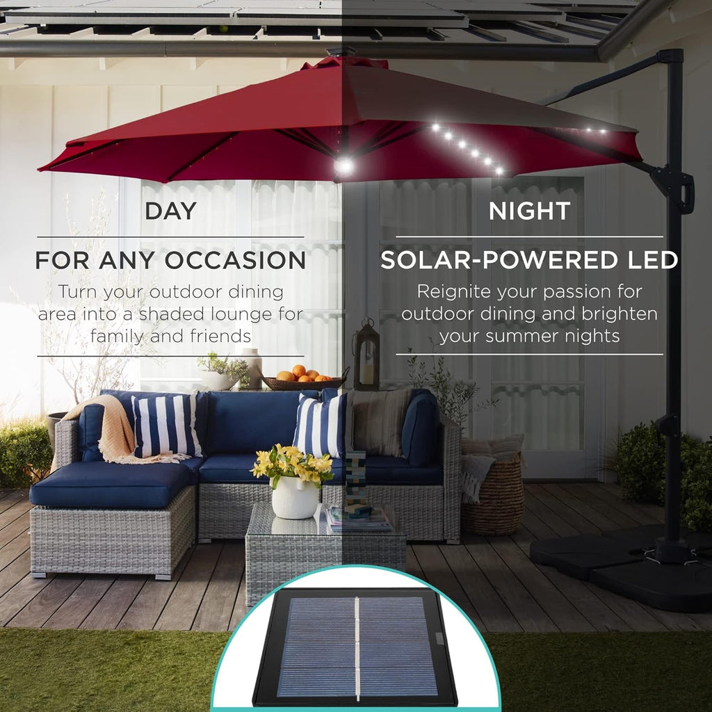 10Ft Solar LED Cantilever Patio Umbrella, 360-Degree Rotation Hanging