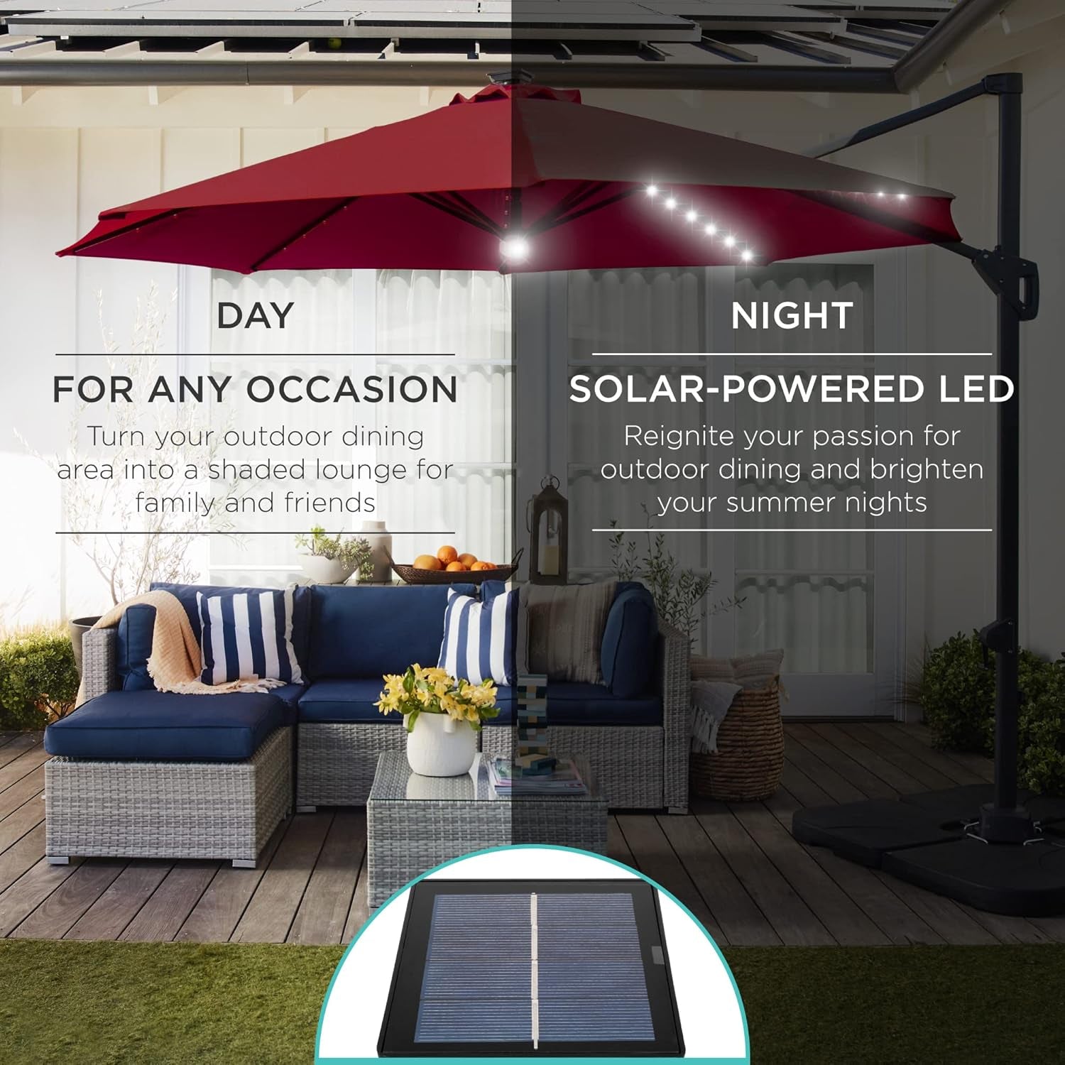 10Ft Solar LED Cantilever Patio Umbrella, 360-Degree Rotation Hanging