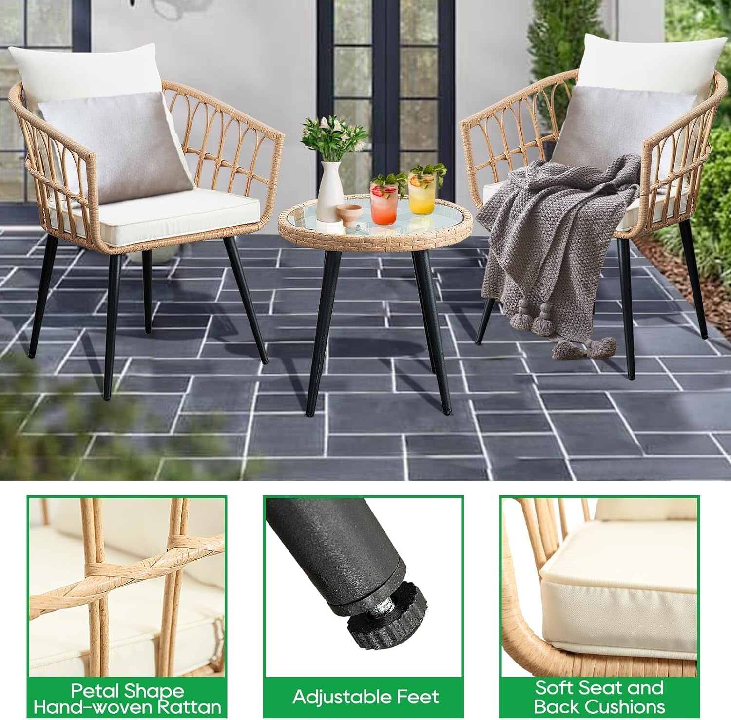 Three Piece Patio Bistro Set Outdoor Wicker Beige Rattan Table And