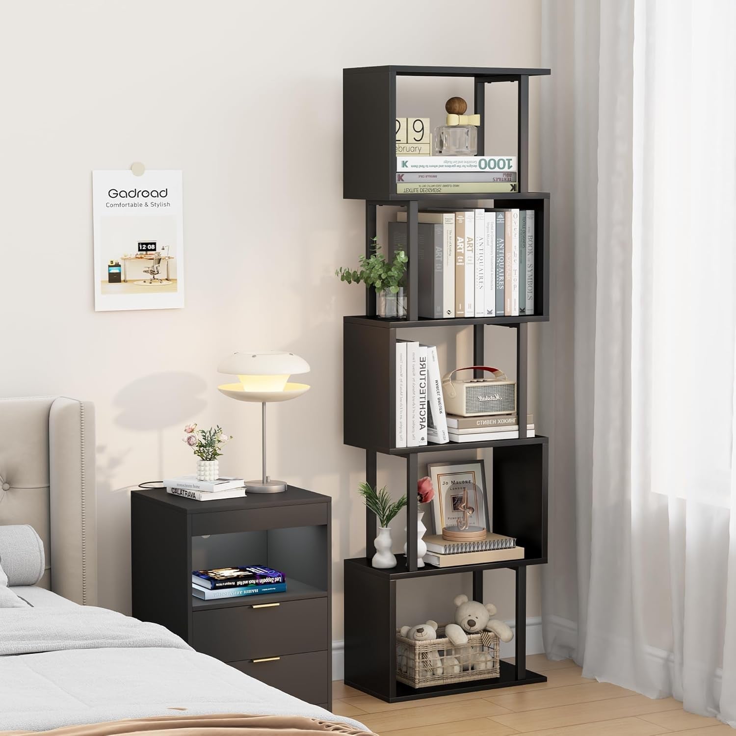 5-Tier Bookshelf, Tall S-Shaped Geometric Bookcase, Wood and Metal