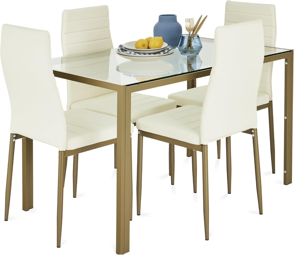 Ivory Gold 5 Piece Glass Dining Set With Upholstered Chairs