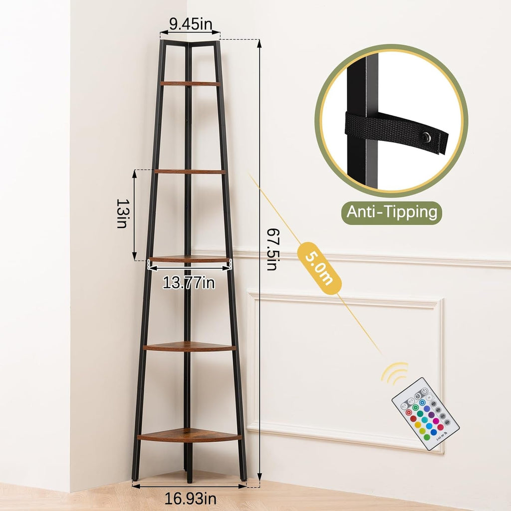 Corner Shelf Stand, 5-Tier Corner Bookshelf with LED Light Corner