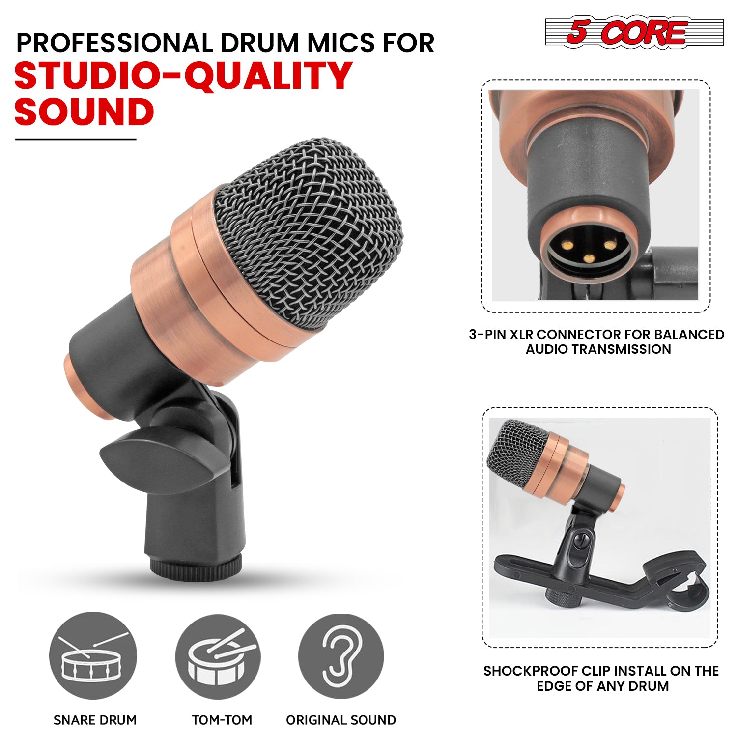 5 Core Snare Microphone XLR Wired Uni Directional Tom Drum and Other