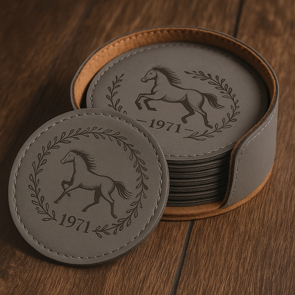 Premium 6-Piece Engraved Leather Coaster Set – Matte Grey (4-Inch)